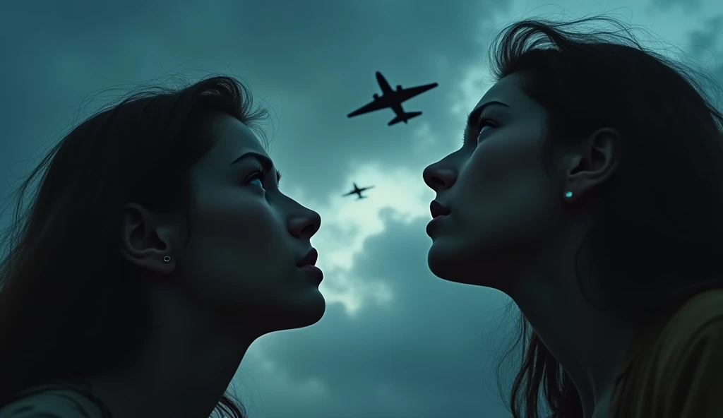 warplanes in the skies; a terrified man and woman looking up at the night sky, extremely detailed, intricate details, cinematic lighting, dramatic, horror, moody, dark, ominous, (best quality,8k,photorealistic:1.4),chiaroscuro,dramatic lighting,eerie atmosphere,ominous clouds,dramatic shadows,realistic human anatomy,realistic skin texture,beautiful detailed eyes,beautiful detailed lips,extremely detailed eyes and face,longeyelashes