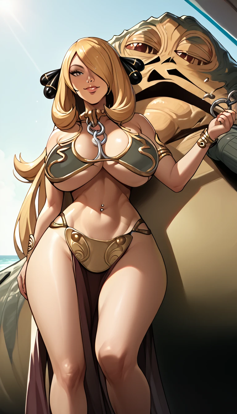 score_9, score_8_up, score_7_up, source_anime, best quality, solo, clear face, Cynthia, long hair, huge breasts, perfect body, looking at viewer, smile, slave, shiny slave bikini, in the beach, standing, dynamic angle, high leg thong, big ass, wide hips, low angle, navel piercing, pelvic curtain, couple, Jabba the Hutt