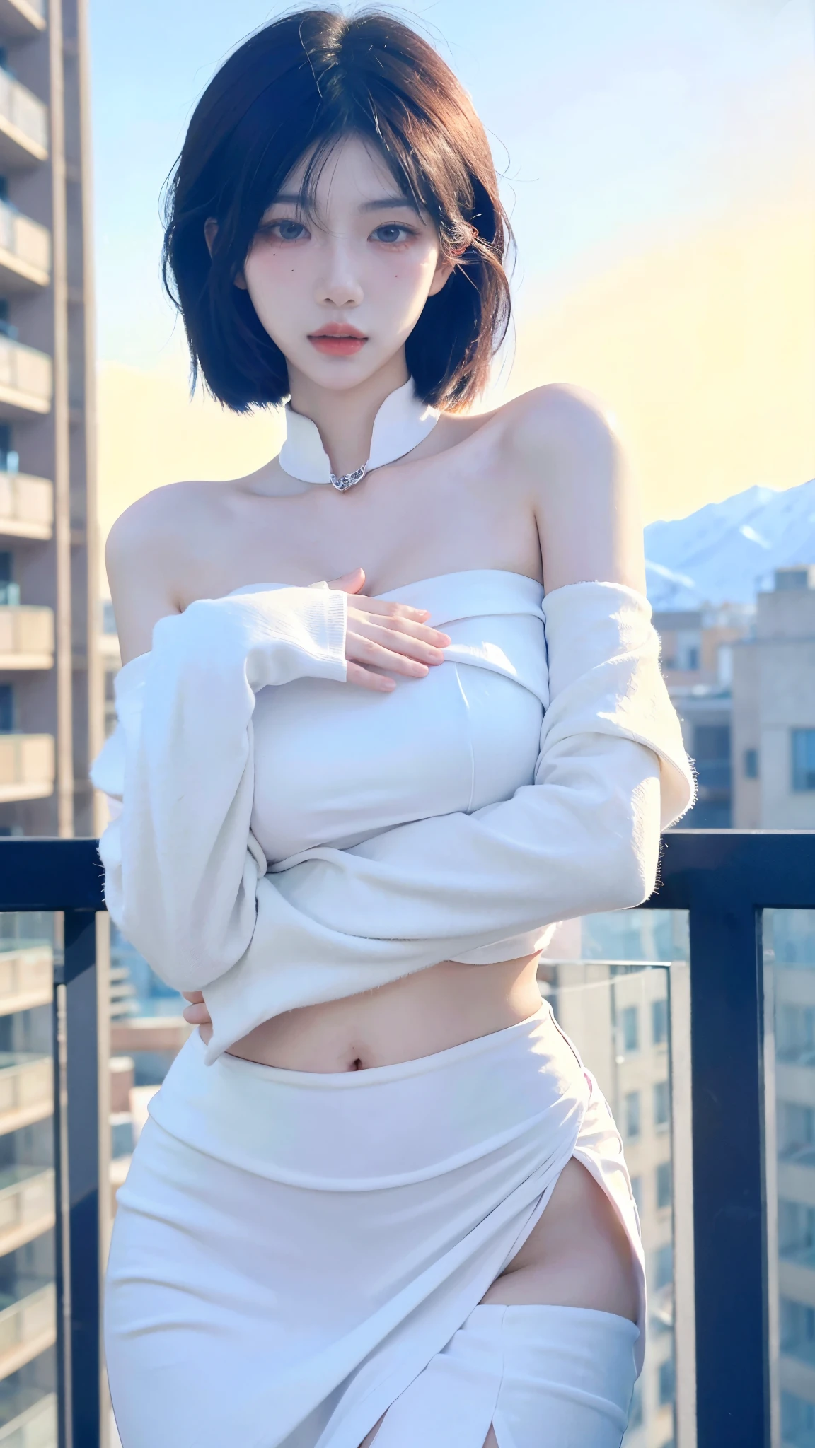 Beautiful woman with perfect body:1.4,layered hairstyle,prominent cleavage,bikini:1.5,ultra short pleated skirt,whole body,Highly detailed facial and skin textures,double eyelids,whiten skin,long white hair
