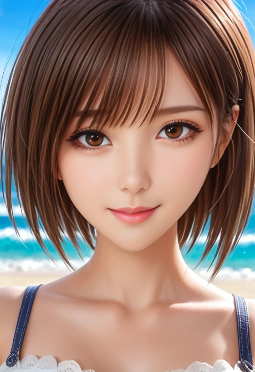 Nene Kasaki々、Shiny brown hair, short hair, (Beautiful brown eyes、Sparkling eyes, fine grain)、smile、Very fine eye、Highly detailed face, Highly detailed eyes,Cowboy Shot、


(Highly detailed illustration:1.2),Standing on the beach and the sun shining cartoon, 

Cute girl anime visuals, Beautiful Anime Girls, Smooth anime CG art, 
 Official artwork, Fascinating anime , 