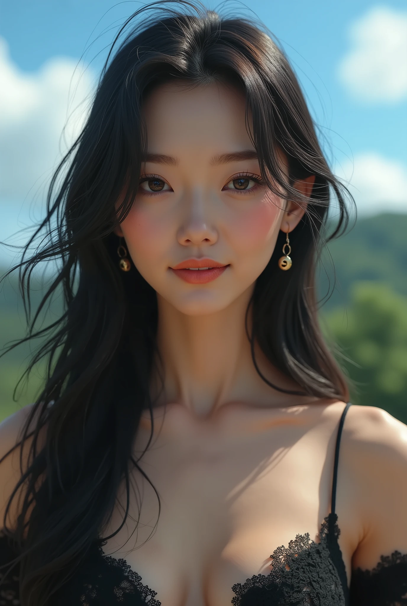 Japanese beauty、Big eyes、High nose、smile、beautiful、long hair、Smooth Hair、30 years old、、sexy、Tight fitting clothes、blue sky、forest、Emotional atmosphere、High resolution, masterpiece, accurate, Textured skin, Very detailed, , 高quality, quality, High-resolution model, detail, Real、Realistic、8k、4K、3D Rendering, 8k octane, Surrealism, smile, Heavy makeup, Long eyelashes,