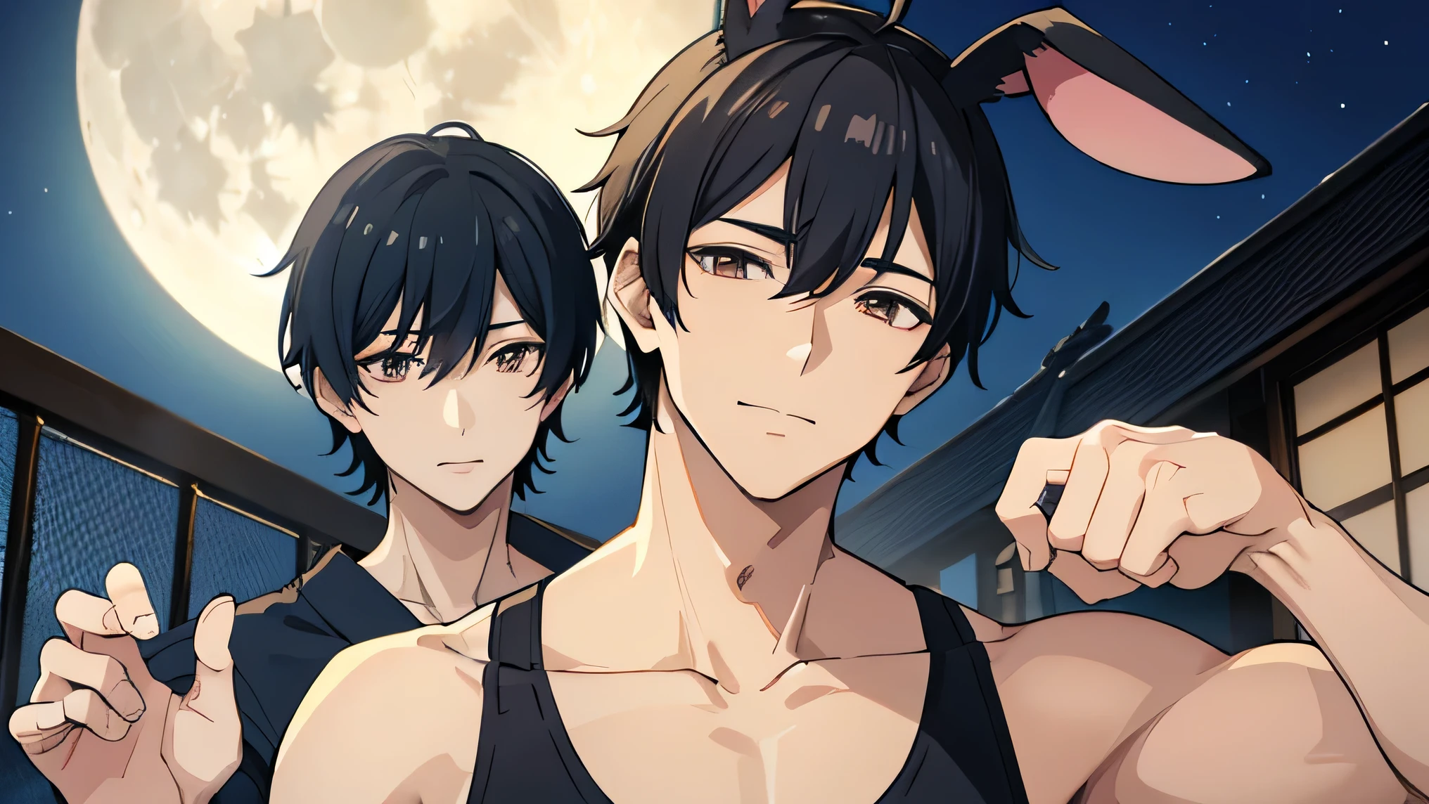 Japanese Handsome model male smile Black Hair Short cut Short hair looking at the camera Compression Gym Wear Workout with rabbit ears Gym Workout with rabbit ears Indoor Gym full moon