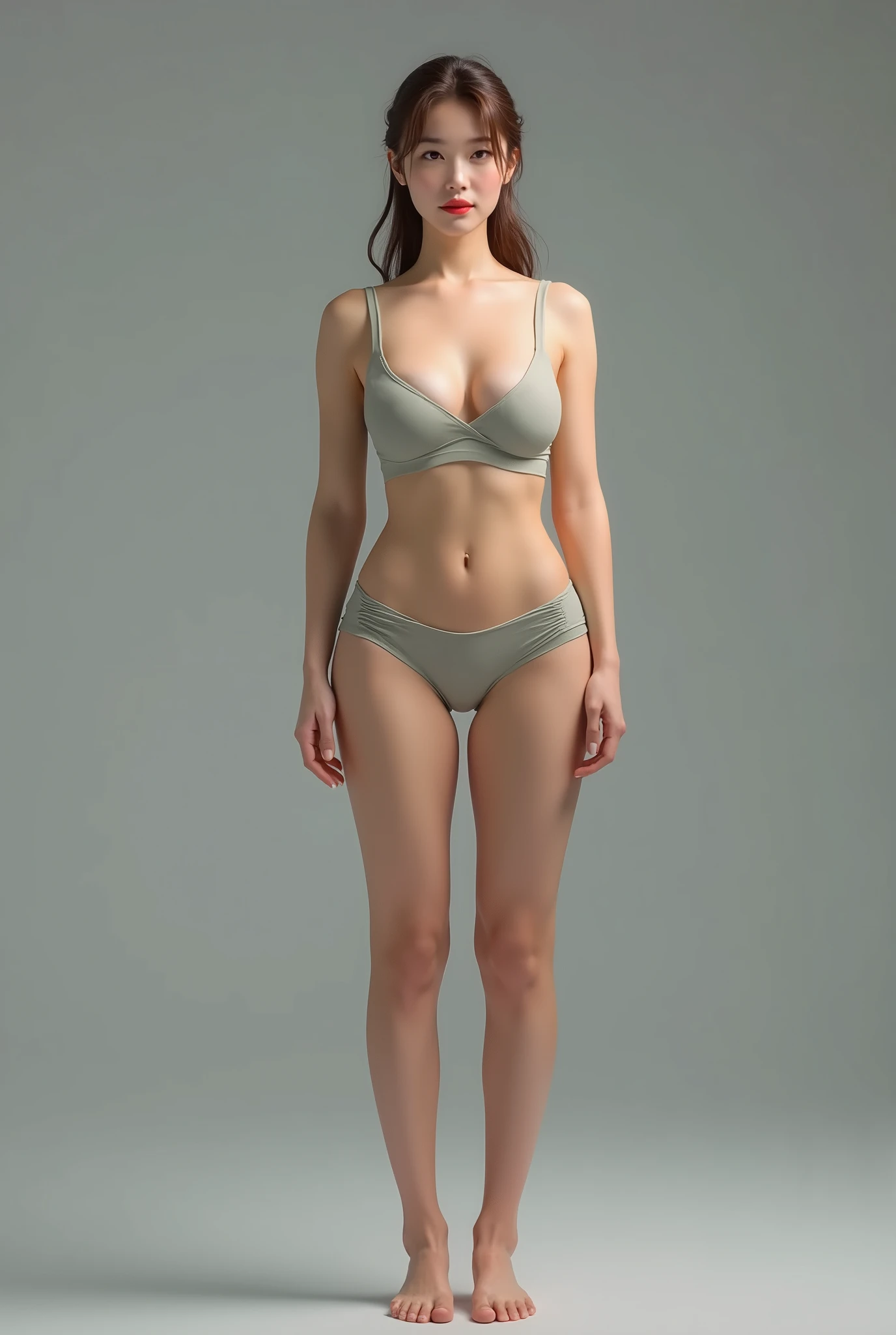 1girll,mannequin,frontage,full bodyesbian,Gray background,standing on your feet,Full breasts,Frontal lighting,