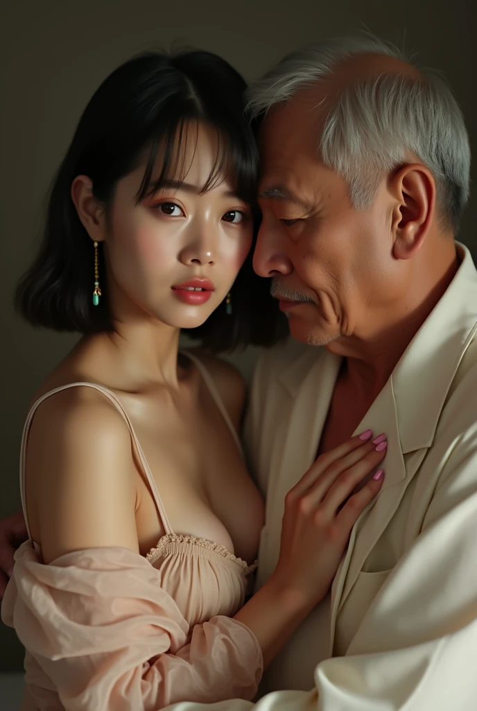 Malay young girl Hijab, young girl 18 year old, young girl Wearing Red strawberry pattern Bra and underware, Young girl intimate couple hugs with old man. Old man wearing pijamas, old man 80 year old. Young girl intimate couple hugs in train.