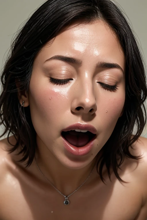 Flying debris,Award-winning photo, Very detailed, Edge Orgasm, Woman with open mouth and closed eyes , Sweaty skin、Lighting that accentuates the shine of sweat{{{Spread the word }}}, Black Hair、Browsing Caution,{{{{A large male audience}}}},(Long, narrow nostrils)、Illumination from below、Half closed eyes, I frowned.., Drooling, Spitting