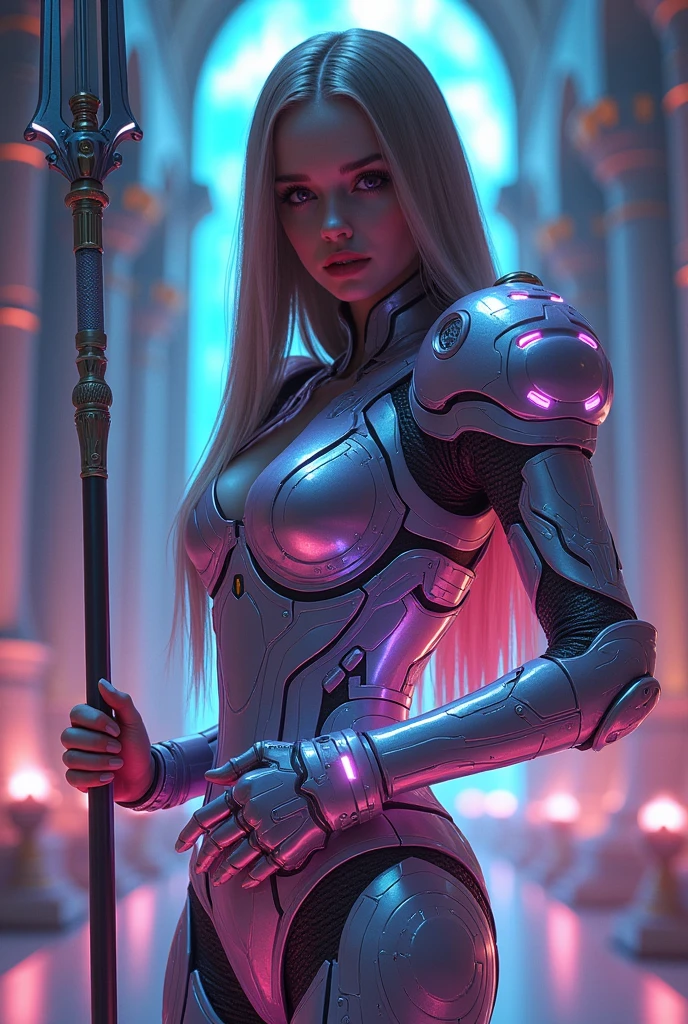 masterpiece, best quality, official art, extremely detailed CG unity 8k wallpaper,absurdres,8k resolution, exquisite facial features, prefect face, Cinematic Lighting, dynamic lighting, volumetric lighting maximalist photo illustration: by Marton bobzert, 8k resolution concept art intricately detailed, complex, elegant, majestic, ecstasy, fantastical, aspect ratio:16:9, shining suit, Fantasy detailers, a woman (Emma Watson, Beautiful face, young, Supermodel) in Epic suit, neon light armor, straight long hair, standing holding a spear, Fantasy detailers, looking_at_viewer, front view, sexy woman, big breasts,