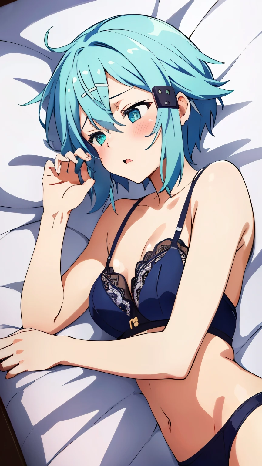 (Top Quality, Masterpiece, 8k:1.2), Ultra Detailed, High Resolution, (Anime:1.2), 1 Girl, Solo, EPsoaSinon, Short Hair, Light Blue Hair, Detailed Jewel Eyes, Hair Between Eyes, (Hair accessory:1.2), Hair clip, Side locks, Small medium breasts, nffsw, (gorgeous nightclub background), (embarrassed expression, blushing), (dynamic sexy pose), (lingerie, sexually seductive), (sleeping in bed, lying on back, from above:1.2), dynamic angle, cowboy shot, the gaze camera focuses on the center of the image,