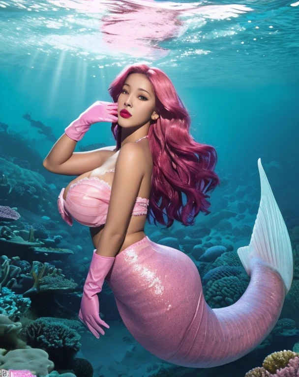 mermaid , ful body, purple bra, mermaid, pink mermaid tail, red hair, pink lips, cleavage, huge breasts, ebony, dark skin, water, swim under ocean, looking at viewer, night, underwater, (gigantic bust:1.4), pink elbow gloves, lace gloves, long pink skirt, transparent skirt,  