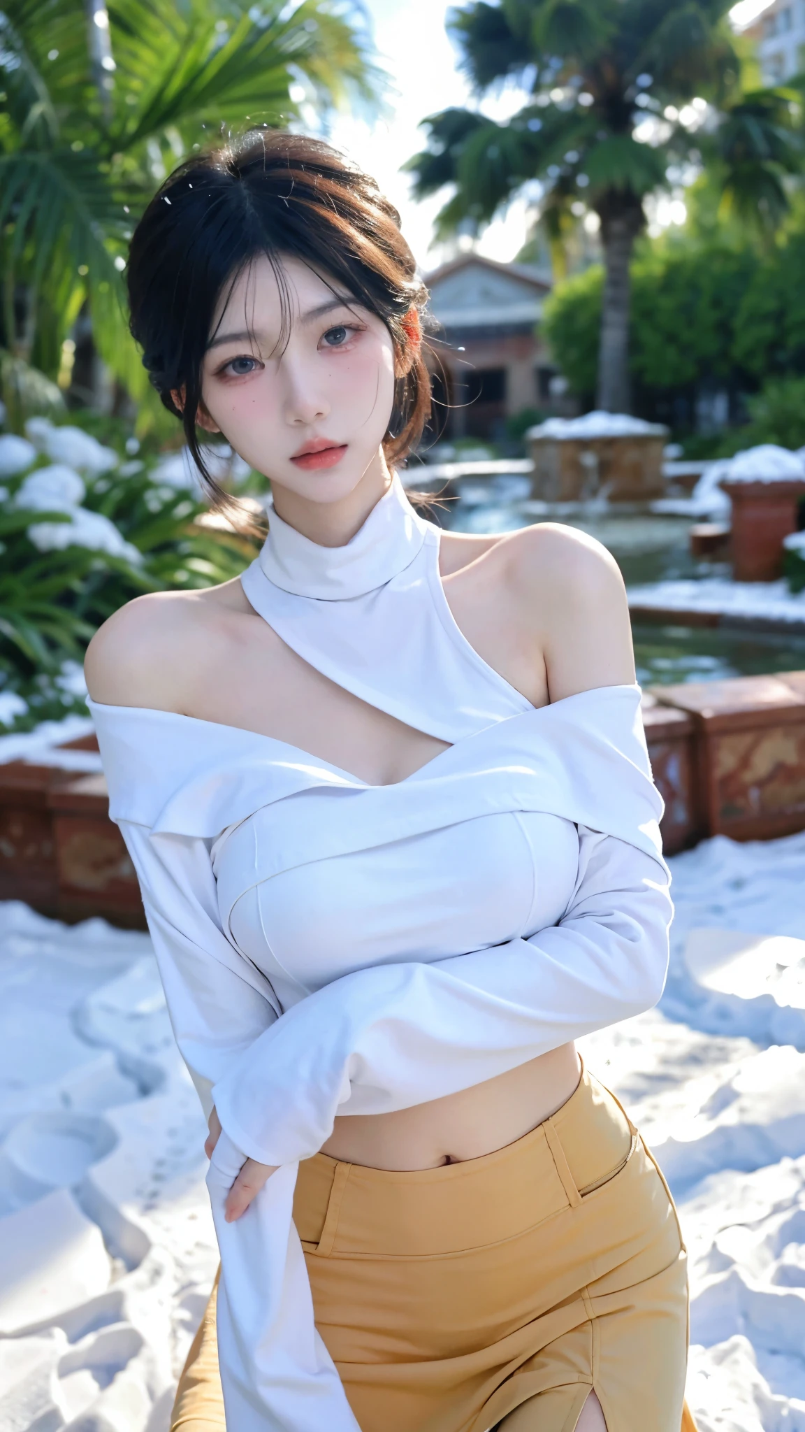 Beautiful woman with perfect figure:1.4，snow，Touching butt with both hands，snow background，Layered Hairstyle，White skin，Prominent cleavage，Pleated Skirt，whole body，Very delicate face and skin texture，Double eyelids，Skin Whitening，Long white hair