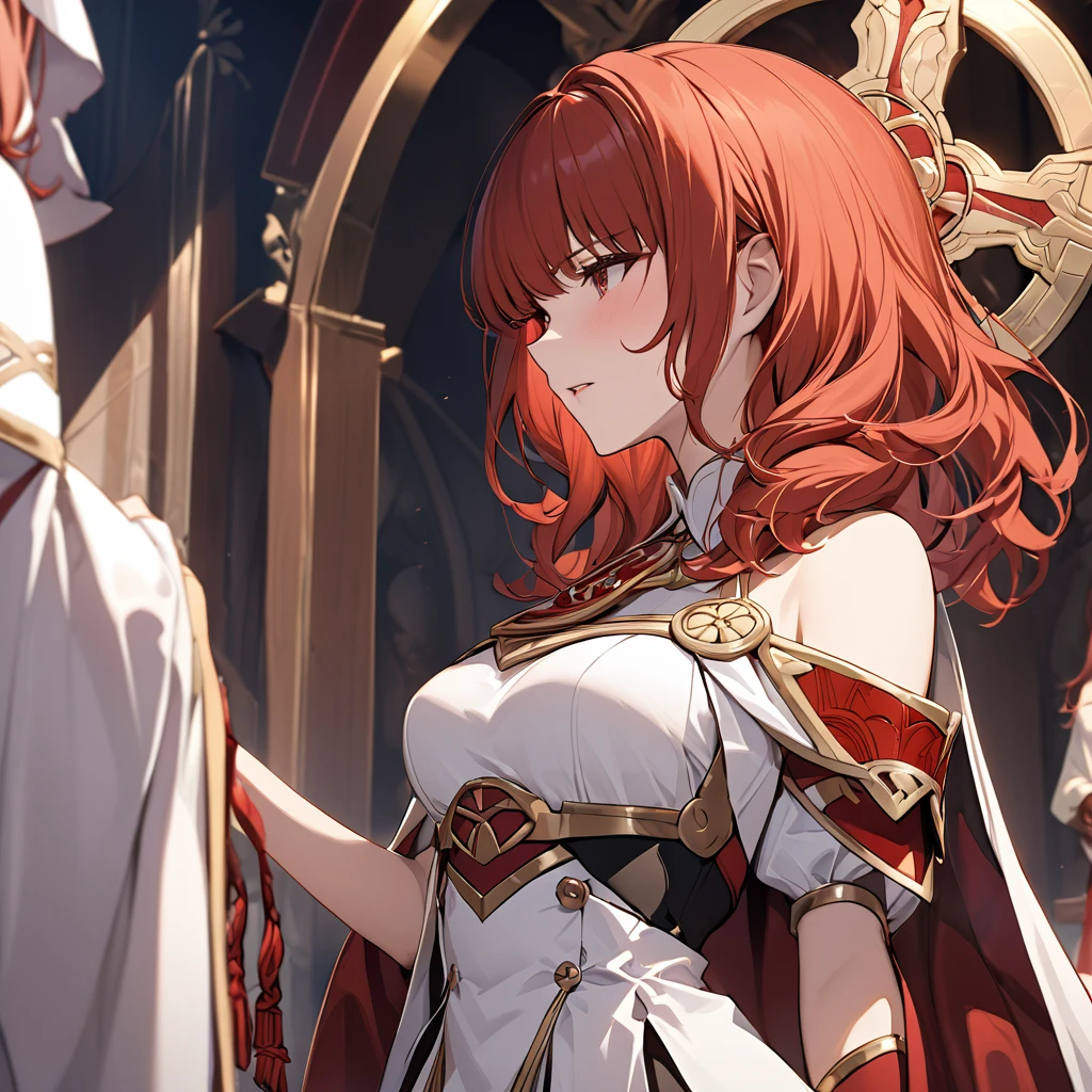 ((Highest quality)), ((masterpiece)), (detailed), （Perfect Face）The woman is a Celica with red hair.、The woman is offered as a sacrifice to the evil god on his altar.