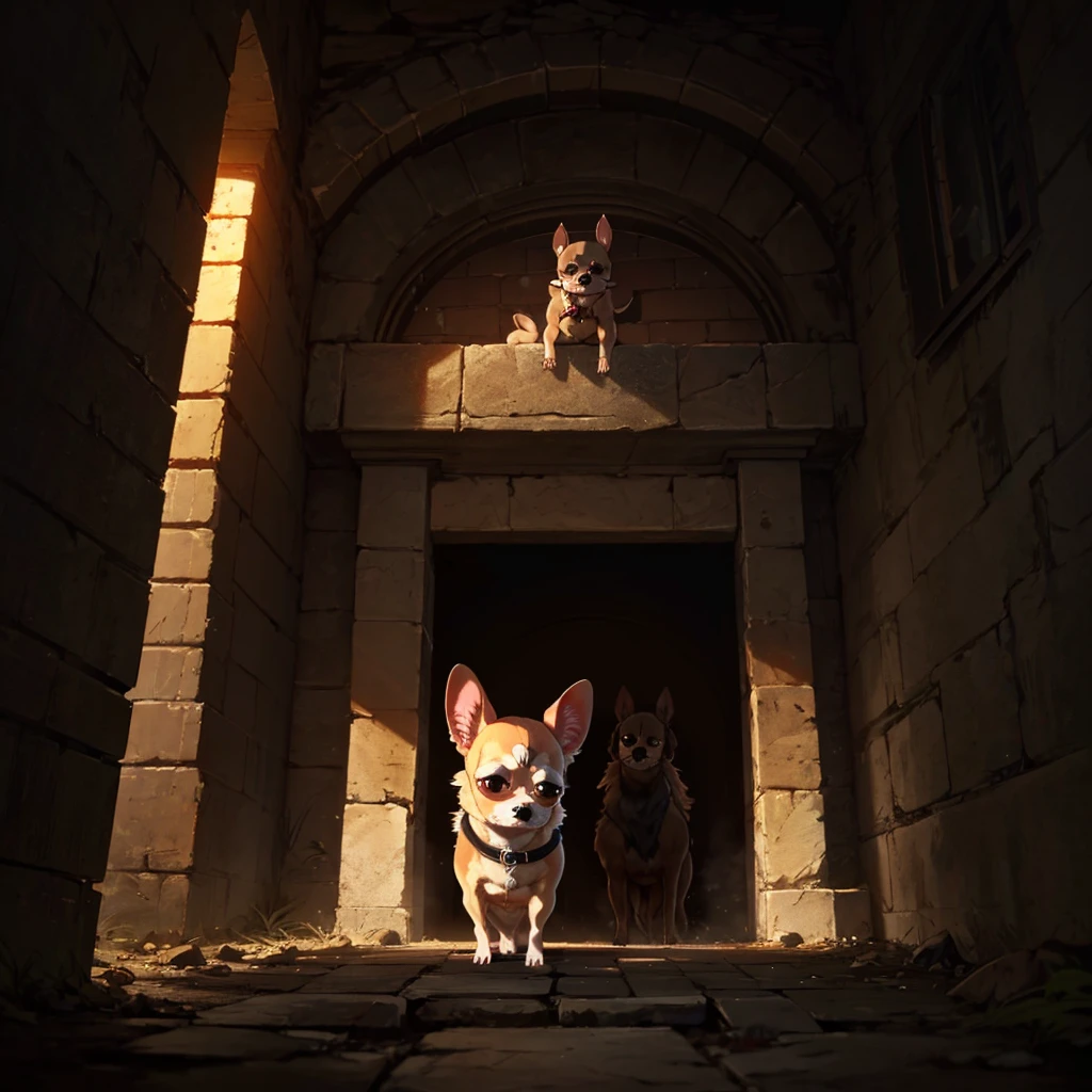 (8k, RAW Photo, Best Quality, Refined Details, Masterpiece: 1.2), (High Resolution 8k Wallpaper), Sharp Focus, Professional Lighting, Depth of Field, Cinematic Lighting, Background Blur, 3 Cerberus, a mythical creature with a face (all three faces are Chihuahua: 1.7), Cerberus' body has traditional black fur and is supposed to look muscular and powerful. The background should resemble a mysterious entrance to the underworld, with a dark and misty atmosphere. Each Chihuahua's face requires a different expression. Some look menacing, some curious, and the last look amused.