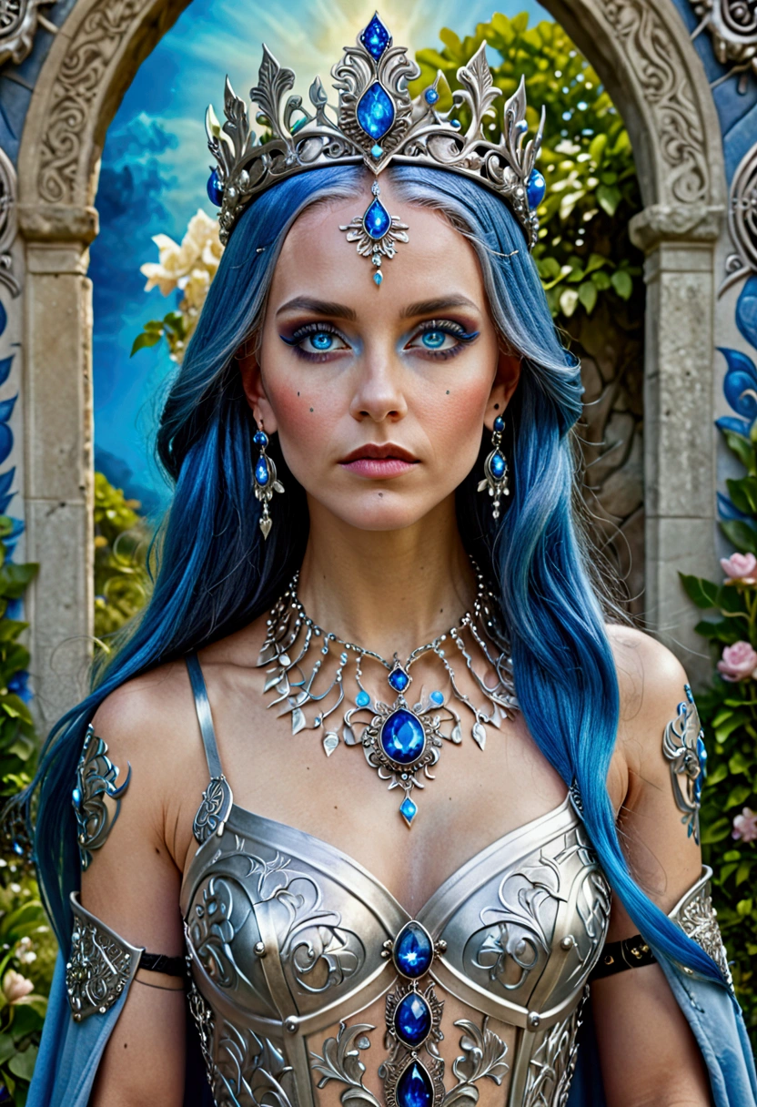 Young Amazon pale white skin, perfect, liquid metal gold, lingerie molten gold slime girl, cubren sutilmente su entrepierna tatuajes varios de diseños intrincados usa joyería con piedras preciosas su cuerpo es perfecto en forma de reloj de arena bien tornea y tonificado semi musculoso senos medianos firmes piel perfect su rostro es hermoso como una diosa sus ojos rasgados perfectos color azul hielo brillante sumamente expresivos sensuales que enamoran a quien los vea en el fondo se ve la selva cubriendo una ciudad futurista ella es una diosa en su máxima expresión