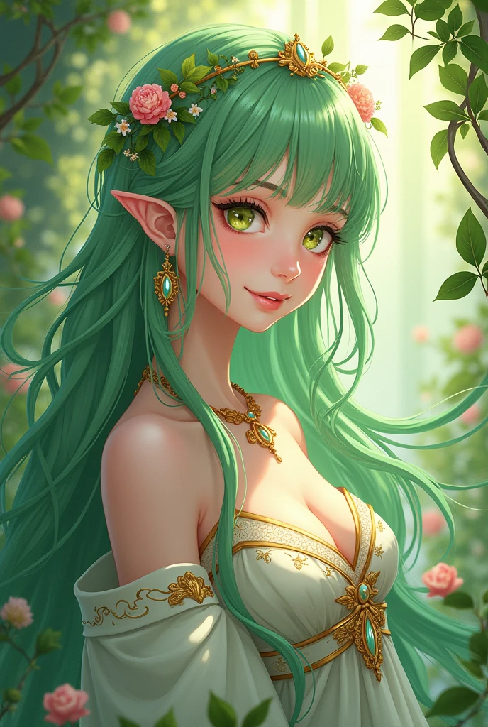 Anime type fantasy she is female and she is the Princess she have big milks she eating a candy she blue eyes she have green hair long ears and she wear dess open up.