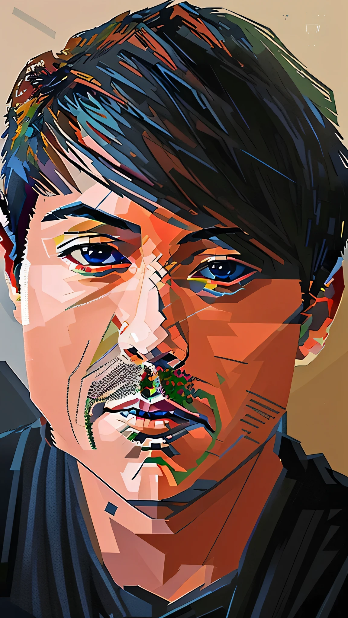 there is a man with a black shirt and a black shirt, close up potrait, detailed face of a asian boy, extremely realistic face, very realistic face, face very realistic, with serious face expression, full - face close - up portrait, with accurate face, realistically rendered face, ultra realistic face, inspired by Jorge Jacinto, photo-realistic faceHD, (Best Detail), (Best Quality), WPAP style, color coordination,