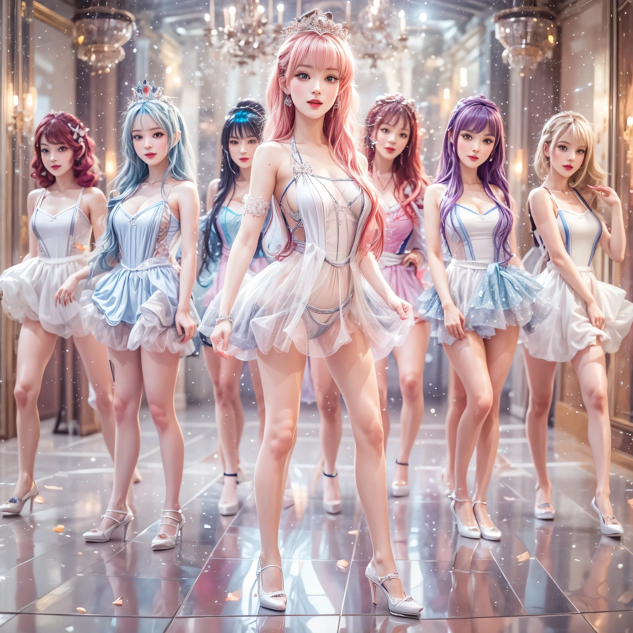 (Graceful Full Body of Extremely Detailed((Sexy Princesses Group in a row:1.37))), KAWAII perfect face with Reflective Eyes, Detailed(Delicate Clothing textures), Correct Graceful Legs, Dynamic Joyful Expressions LifeLike Rendering, Specular Reflection of mirrored floor, TopQuality 8K Ultra-detailed masterpiece (ProfessionalPhoto:1.37)(((Raw,Realistic))), (Acutance:0.8), (Luminism:1.28), Renaissance art style, Portraits, Colorful Light particles, (Full body from side) {Kissing Face to Face|Cute Peach AssFocus|(NakedApron with (Overflowing Sideboob))}, Radiant Fine Skin with Transparency, (Exposed:0.4) {Pink Hair|LightBlue Hair|Blonde|Pure White Hair|Liquid Hair|Red Shoes}, Perfect Lighting BREAK (((NOGIZAKA FaceVariations))) Extremely Detailed KAWAII FaceVariations, Childish CaptivatingGaze Detailed ReflectiveEyes with (SparklingHighlights:1.28), Detailed(Voluminous LongEyelashes:0.88), Small GlossyRedLips with BeautifulDetails, KissableTongue, PUNIPUNI RosyCheeks, Radiant PearlSkin with Transparency, Glowing DowneyHair . { (Dynamic Joyful expressions LifeLike Rendering:1.4) | (:d) }, (large eyes:-1) .