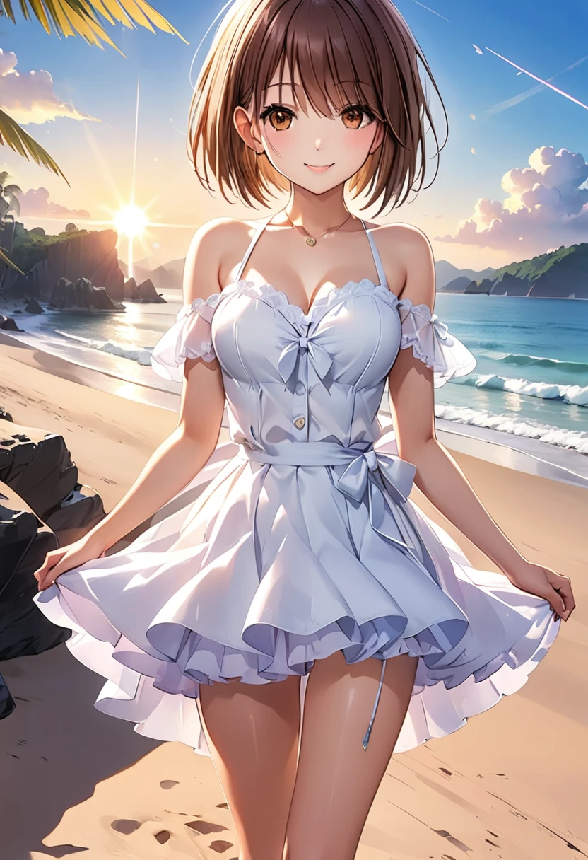 Nene Kasaki々、Shiny brown hair, short hair, (Beautiful brown eyes、Sparkling eyes, fine grain)、smile、Very fine eye、Highly detailed face, Highly detailed eyes,Cowboy Shot、


(Highly detailed illustration:1.2),Standing on the beach and the sun shining cartoon, 

Cute girl anime visuals, Beautiful Anime Girls, Smooth anime CG art, 
 Official artwork, Fascinating anime , 