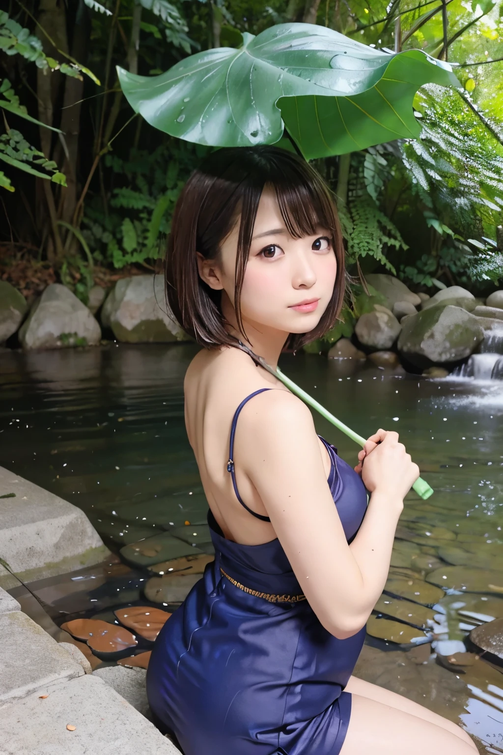 8K, RAW Photo, Best Quality, Masterpiece, Realistic, PhotoRealistic, Extremely Detailed 8K Wallpaper, Beautifully Detailed Eyes, Finely Detailed Face, 
 BREAK 
Cinematic Lighting, 
 BREAK 
Dark Intense Rain Forest:1.3, 
 BREAK 
Perfectly Anatomically Correct:1.3, 5 Beautiful Thin Finger:1.0, 
 BREAK 
1 Girl, (leaf umbrella:1.3), Sitting, Lean Back, 
Very Short Bob Cut:1.2, Symmetrical Clear Eyes:1.0, Captivating Eye Reflections:1.0, Open Mouse:1.0, 
(Kawaii), [Japanese], (Chocolate Color Eyes), Wide-Set Eyes, Tareme, Embarrassed, Blush, White Skinned, High-teen, 
(Round Face, Round Chin), Wet Hair, Brown Hair, [Pouted Cheek], Non-clothes:1.4, 
[Medium Buttocks Upturned:1.0, Beautiful Ideal Spherical Shape Buttocks:1.0, [Upward Facing Breasts:1.0]], 
(Looking Back Viewer), 
 BREAK 
SFW:1.0, 
 BREAK 
from Behind:1.4, from Side:1.4, Bokeh:1.0