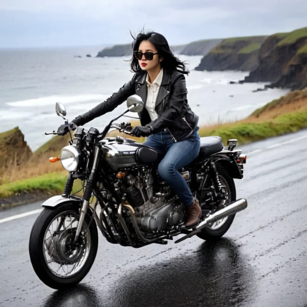 (Backlight:1.4)、(The motorcycle and rider are silhouetted in the setting sun.:1.4)、(The sun sets:1.2)、(Ride a classic motorcycle:1.2 )、(Vintage Bikes、Bluff Superior SS100)、Beautiful young Japanese woman、Beautiful Face, Black Hair, Short Bob Hair, Red classic leather jacket、sunglasses、(Accurate motorcycle shape)、(Photograph the entire motorcycle:1.2)、 BREAK Coastal road with ocean view、After the Rain、British coastal scenery、Blur the background、Artistic photography、Motion Blur、Realistic、High Contrast、(Highest quality, masterpiece, High resolution)、8k、wallpaper、