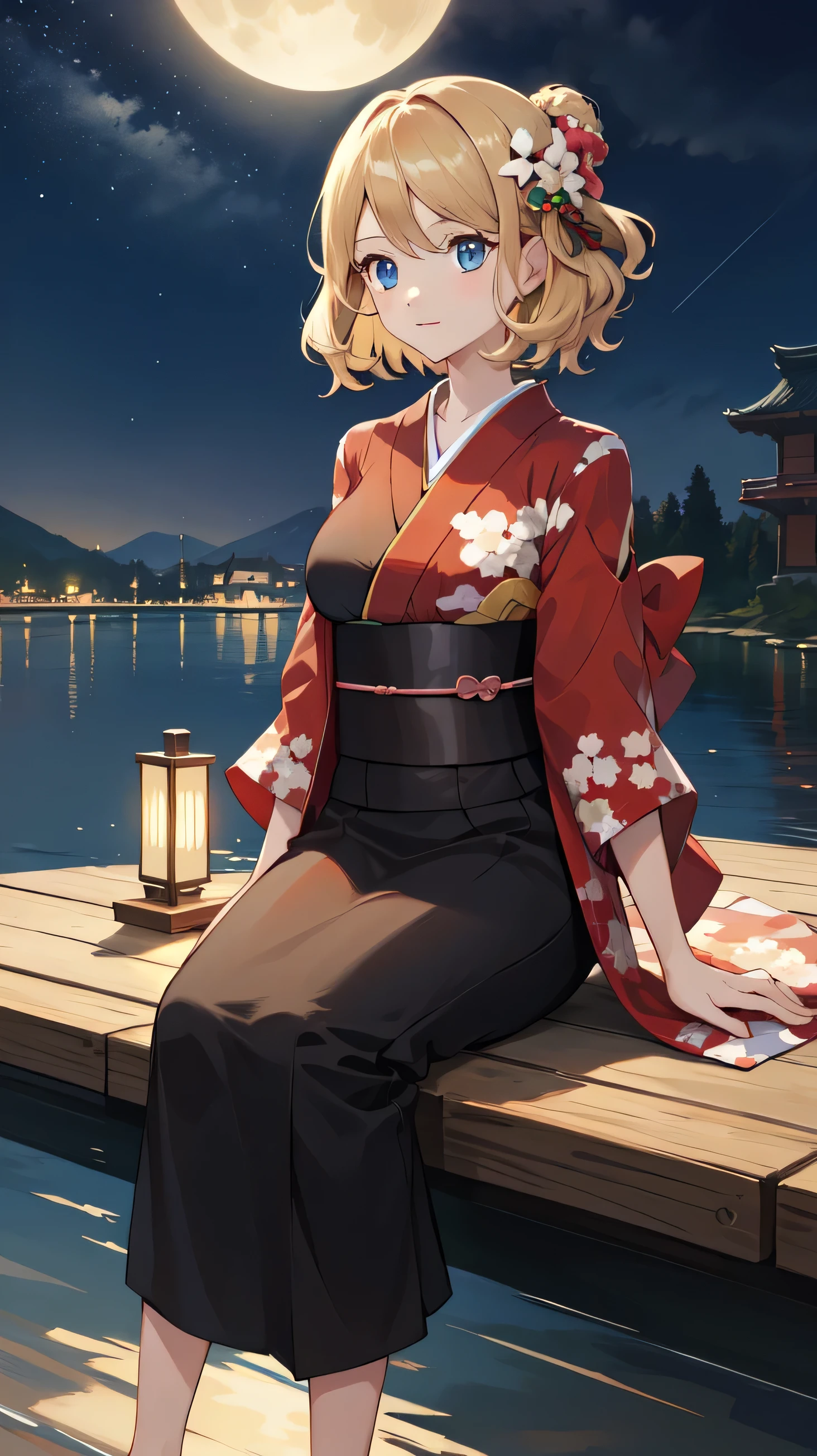 best quality, masterpiece, highres, solo, {yukata:1.40}, {kimono:1.20}, {roon_azurlane:1.15}, multicolored_hair, blonde_hair, streaked_hair, red_hair, short_hair, breasts, smile, large_breasts, hair_between_eyes, brown_eyes, bangs, headgear, cross, iron_cross