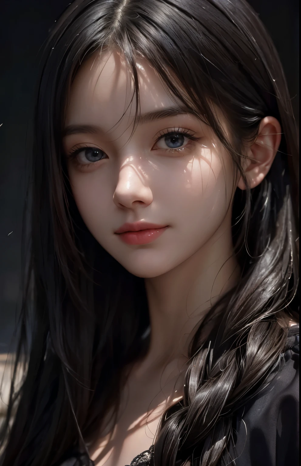 (extremely realistic), (illustration), (improved resolution), (8k), (very detailed), (Best illustration), (beautiful and delicate eyes), (best quality), (very detailed), (masterpiece ), ( wallpaper), (detailed face), alone, 1 girl, looking at viewer, fine details, detailed face, in the dark, deep shadows, low key, pure face_v1, smiling, long hair, black shawl straight hair , 46 point diagonal bangs