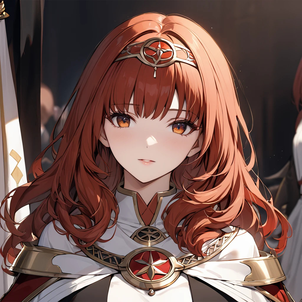 ((Highest quality)), ((masterpiece)), (detailed), （Perfect Face）The woman is a Celica with red hair.、The woman becomes a follower of the Douma cult, which worships the evil god.