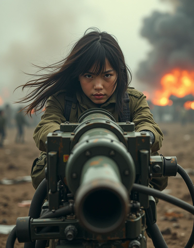 there is a woman sitting on top of a vehicle with a rifle, and a guy driving, army, explosions, soldiers, raining, planes
