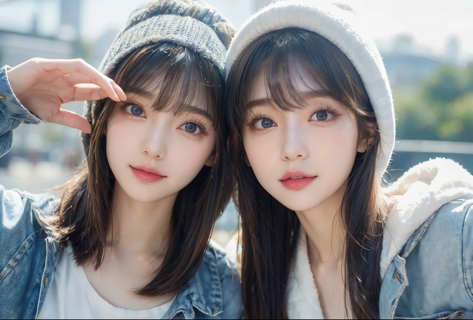 masterpiece、8k、32K、top quality、(delicate eyes)、(A lovely Japanese woman、forehead)、2、2 Woman、elegant、(Detailed background description、Portrat:1.2)、Wearing a hood、Two young women wearing blue jeans and white shirts are taking a picture, Wear casual clothes., two girls, 有forehead, My hair is short，My hair is long，Wear casual clothes.装美丽的好朋友