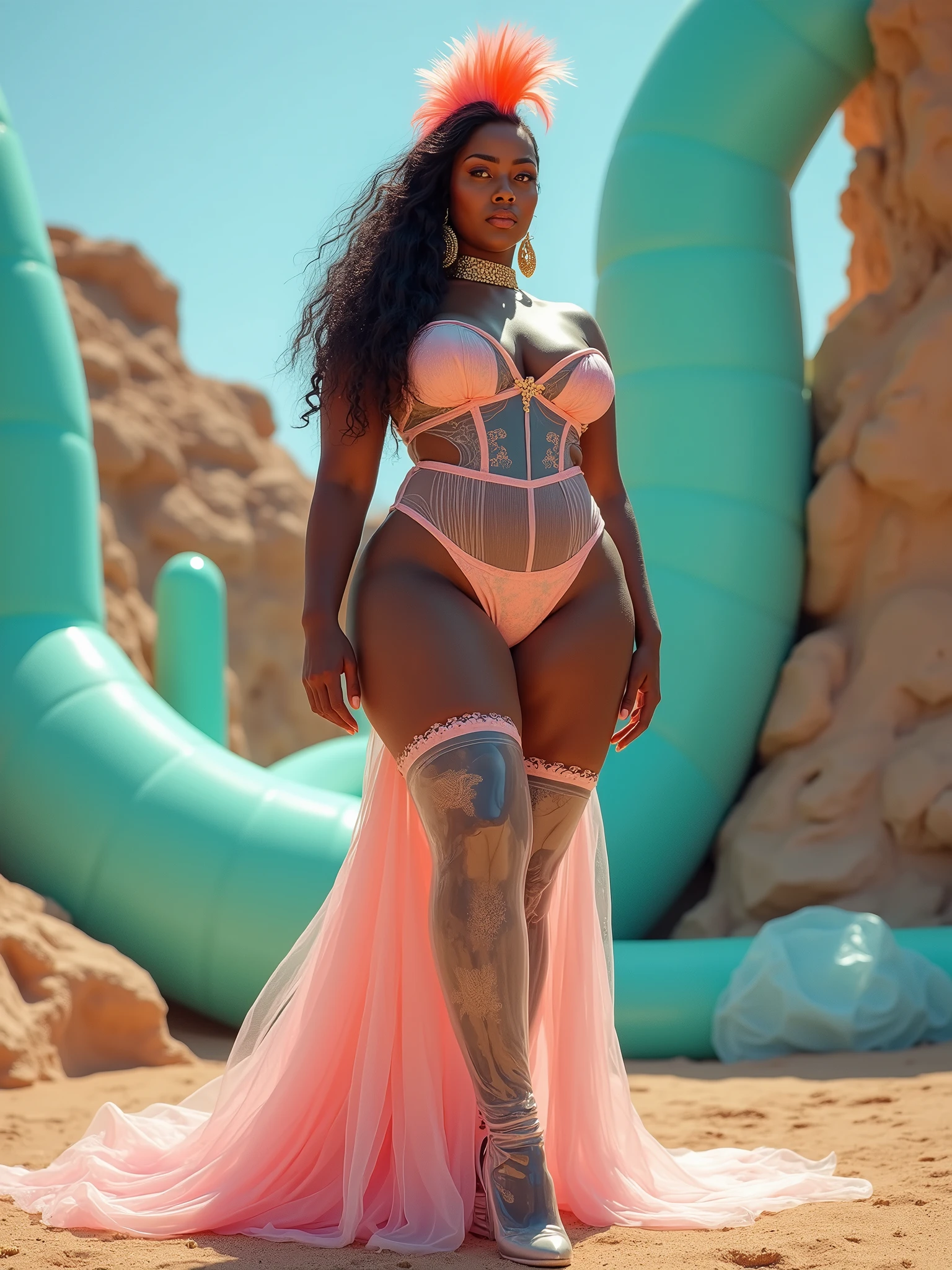 il y a une femme en robe rose tenant un téléphone portable, une boisson, un sac blanc  ( ( peau sombre ) ), Avatar de seconde vie, peau bronzée, tout le corps! tir, un mouton, épique 3d oshun, tout le corps!! détails maximalistes, corps de chewing-gum, ambiance de vacances, À la plage, Près de la plage, Tout en courbes. détaillé, Seconde vie