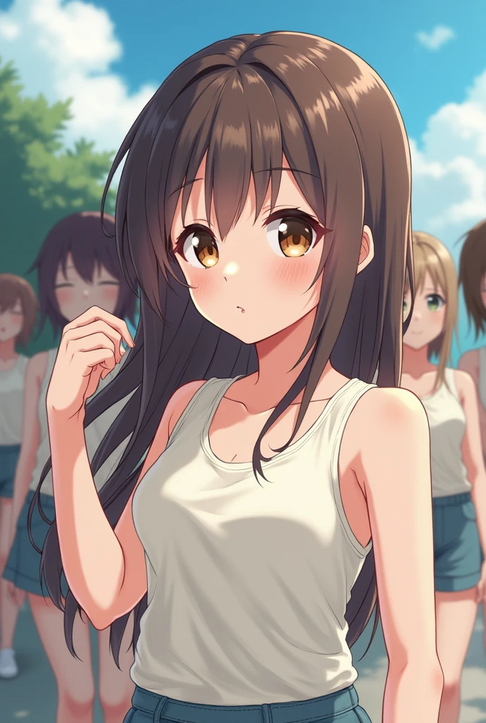 ((masterpiece, highest quality:1.2)),,cowboy shot,1woman、30 year old beauty,Japanese、solo,((very small head)),dark brown hair,long hair,brown eyes,tears,((very long and slender body:1.7)),skinny,small breasts,oily skin,shiny skin,sweat:1.5,White tube top、bara shoulder、navel、White panties、arms behind back,Constraints、standing,(spread legs:1.5)、Ancient Arena、Coliseum、Outdoor、Spectators