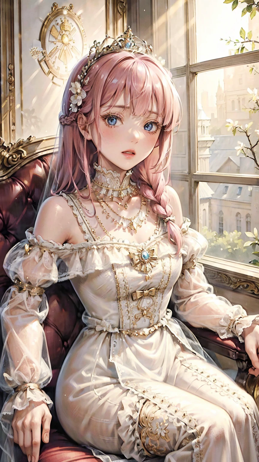 ((best quality)), ((masterpiece)), ((Romance Fantasy)), ((illustration)), (detailed), (clear), (Perfect), 1 woman, mature, pure, expressionless, Long pink braided hair, With bangs, white skin, Sapphire blue eyes, abundant eyelashes, Deep double eyelids, pretty lips, big bust, small waist, Diamond necklace, diamond tiara, White dress with lace, Sitting on a fancy chair, Sunlight coming through the window