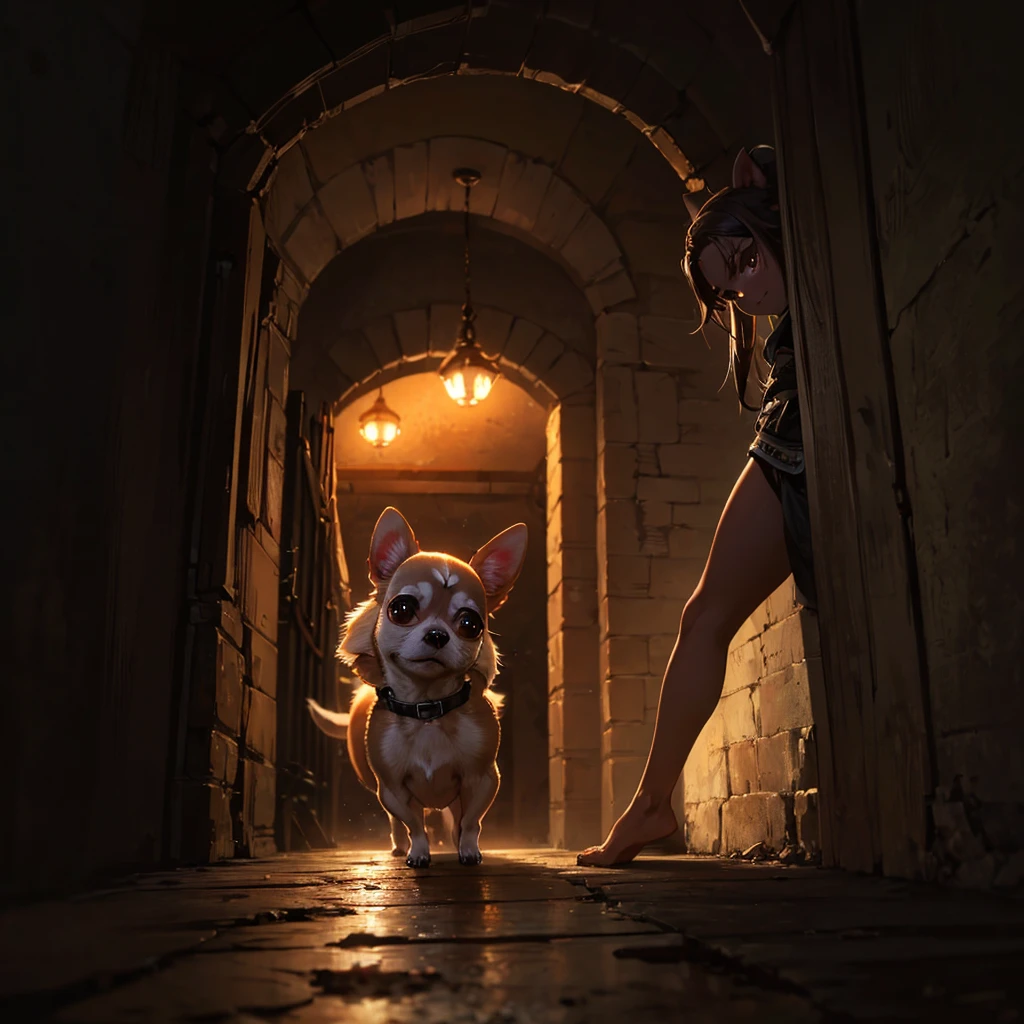 (8k, RAW Photo, Best Quality, Refined Details, Masterpiece: 1.2), (High Resolution 8k Wallpaper), Sharp Focus, Professional Lighting, Depth of Field, Cinematic Lighting, Background Blur, 3 Cerberus, a mythical creature with a face (all three faces are Chihuahua: 1.7), Cerberus' body has traditional black fur and is supposed to look muscular and powerful. The background should resemble a mysterious entrance to the underworld, with a dark and misty atmosphere. Each Chihuahua's face requires a different expression. Some look menacing, some curious, and the last look amused.