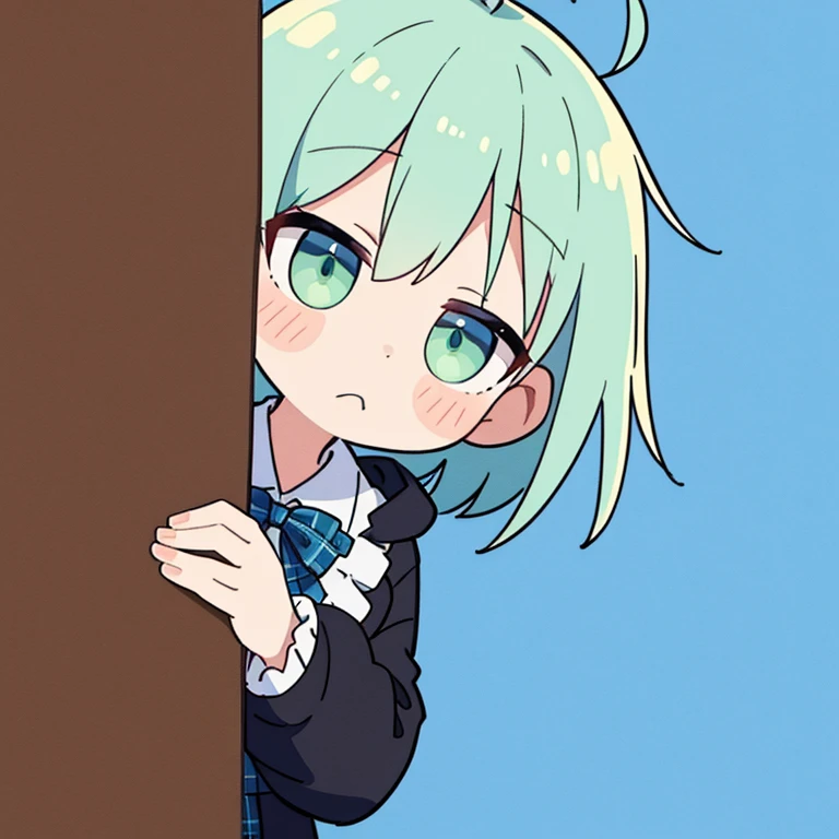 High resolution (Only the face) (Head only) 1 person peeking through wall round face short hair ahoge bobby green eyes collared_shirt frilled_shirt_Color Free Joint_skirt frills 髪_bow 髪_Black Hood_jacket jacket green hair plaid plaid_リボンチェック shirt shoelaces shoes 立っている スカート ツイン_Braided Blue background only, Simple background, face focus, upper body