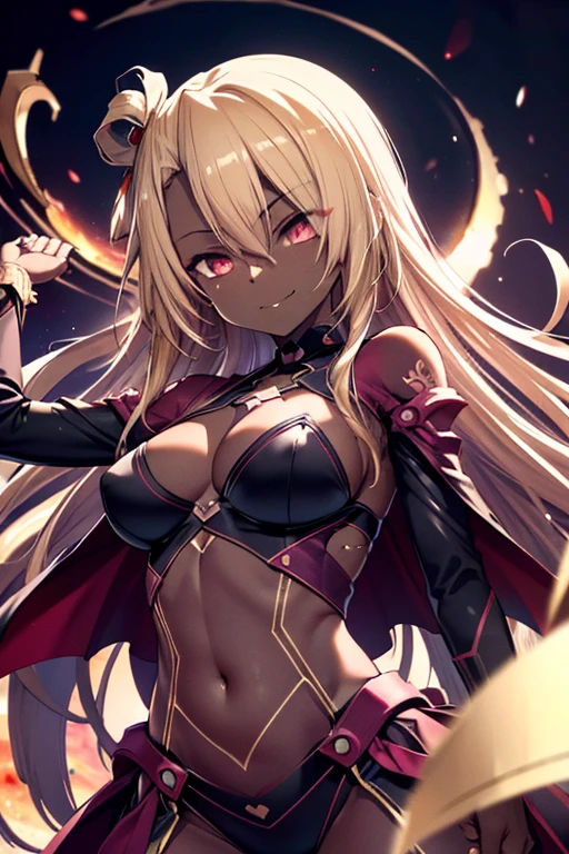 1girl, solo, best quality, 4k, masterpiece, best quality, demon, best quality, beautiful face with a smirk, dark brown skin, small waist, fat ass, big breasts, blonde hair with pink highlights, leather bikini