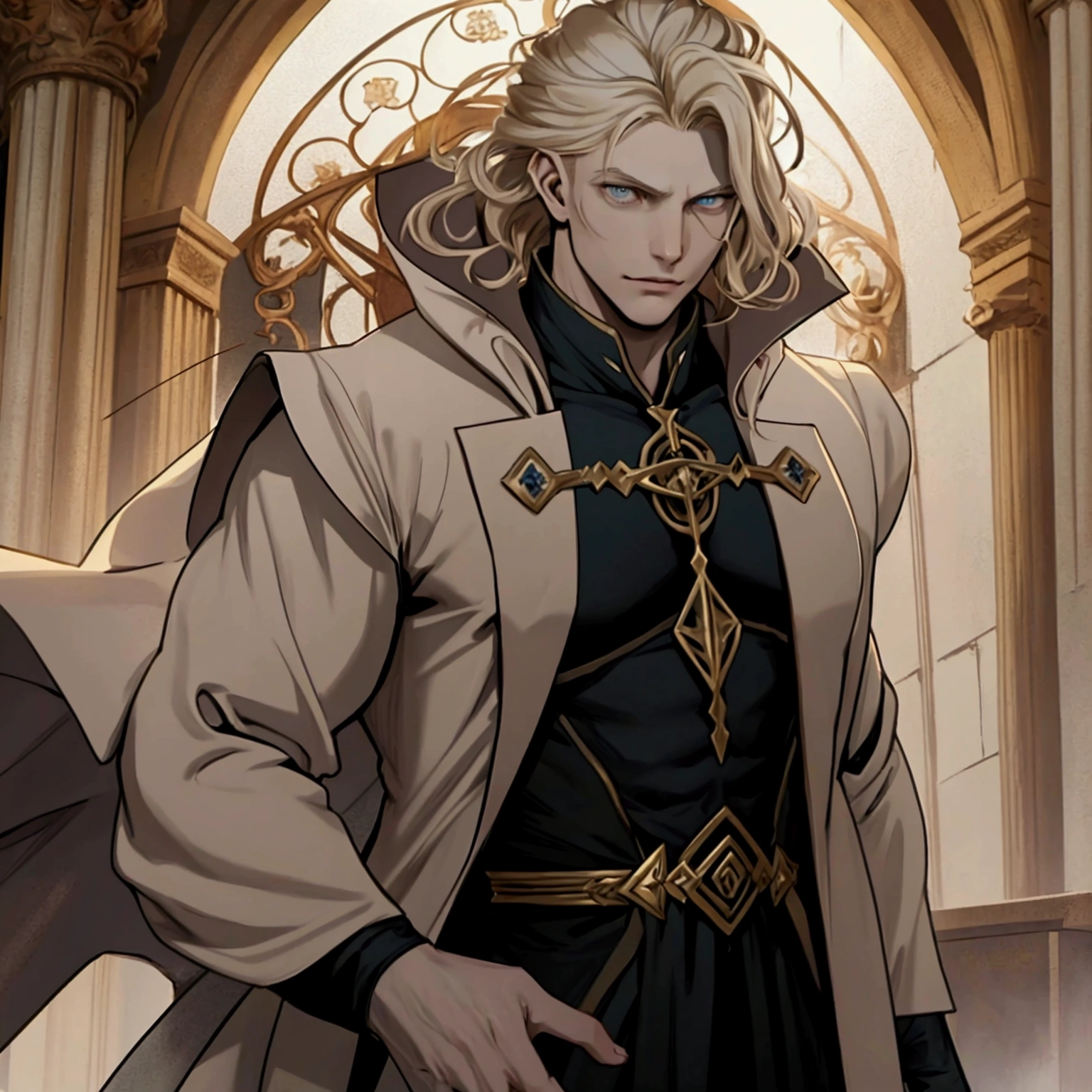 anime,  men ALONE, one man with long blonde hair, alucard, castelvania, beautiful androgynous prince, magical blond prince, delicate androgynous prince, handsome male vampire, detailed 30 year old male face, casimir art, anime handsome man, key anime art, vampire, male vampire, red eyes, sexy, attractive, full body, tongle, NO clothes, NO shirt, nudity, nude, naked, penis
