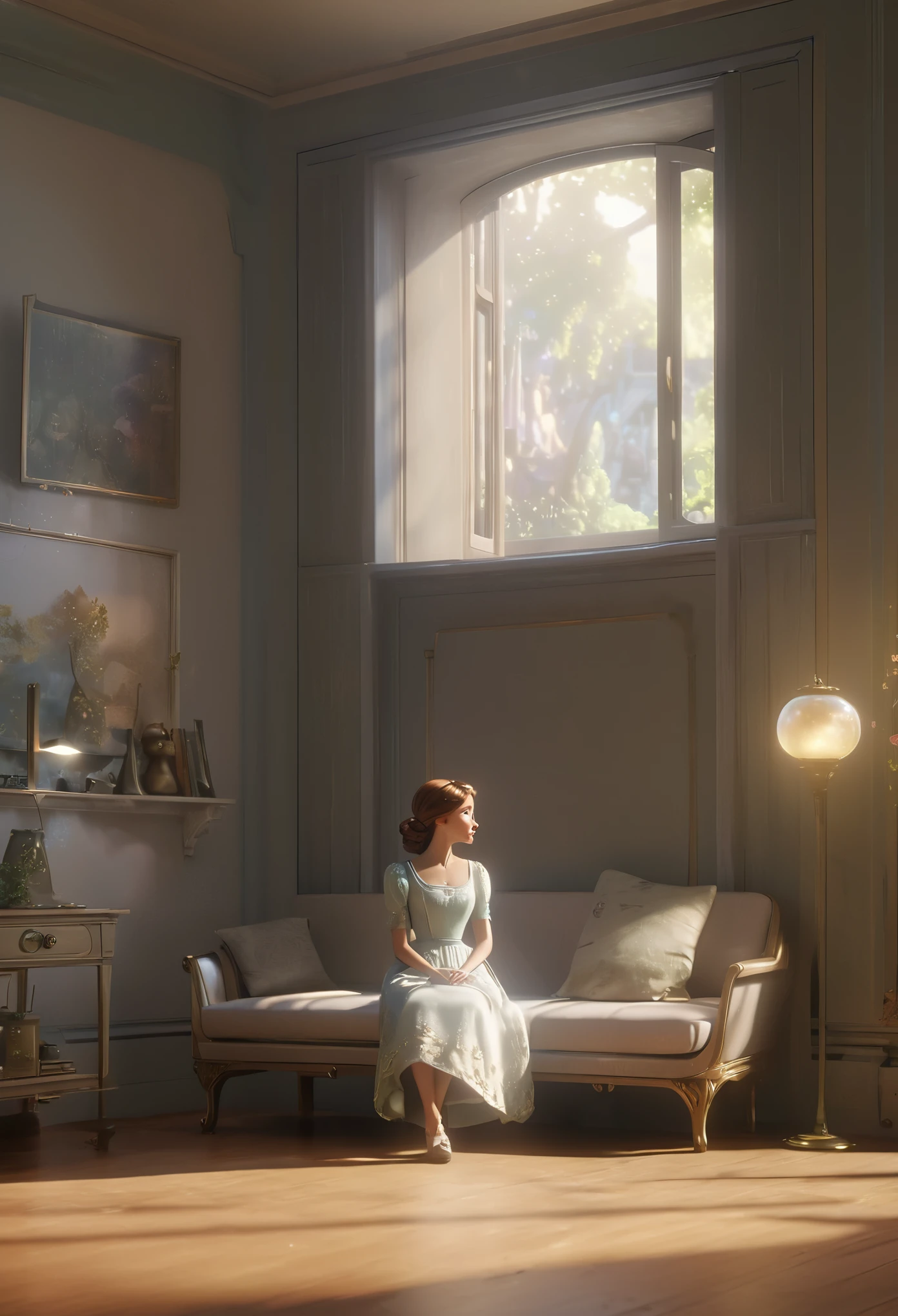 a woman sitting on a couch in a room with a window, beautiful render of a fairytale, global illumination. vfx, beautiful lighting composition, magical realism style, relaxing concept art, soft cinematic lighting, dreamy atmosphere and drama, pixar renderman render, pixar 3d render, a still of an ethereal, photorealistic disney, art nouveau octane render, render in pixar