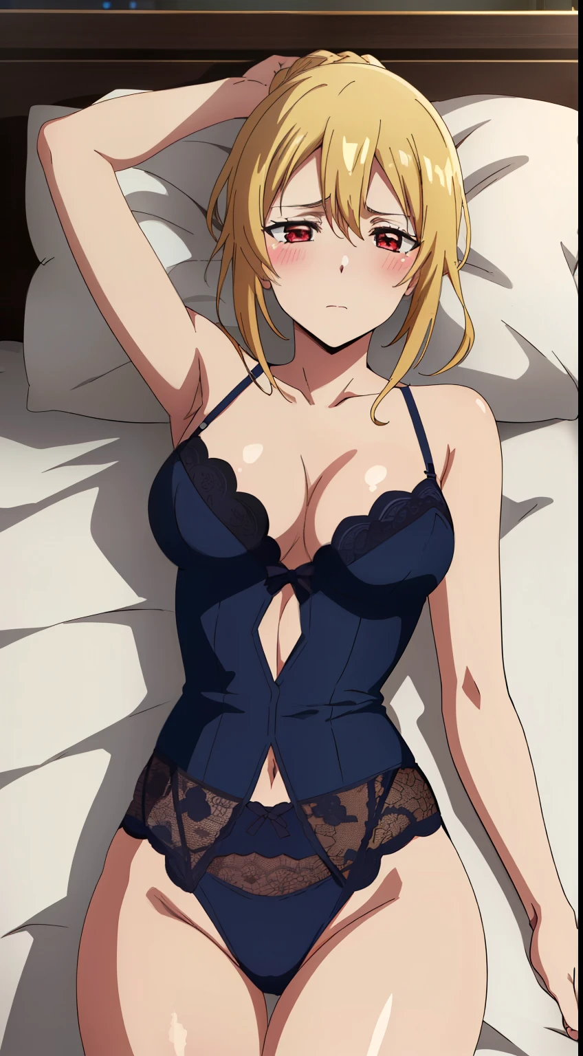 (himikotoganova), (1girl, solo), (perfect eyes), simple background ,blonde hair, double bun, messy hair, bangs, large breasts, yellow eyes, bags under eyes, smile, open mouth, (thight thighs, lace stockings, lace lingerie ), thick thighs, looking at viewer with lovely face, choker, a heart earrings, sitting on bed, blushing