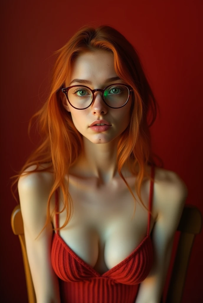 A red-haired female influencer with green eyes, an innocent look and full lips. freckles on her cheeks. medium breasts. A mole on the right breast. rounded buttocks. wears glasses. Sexy. attractive. Full body wide shot from head to toe. in 8k. very detailed, At the gym doing crunches, lying on your back on a foam mat. You can see his whole body. She's sweating and her body is shiny and glossy.