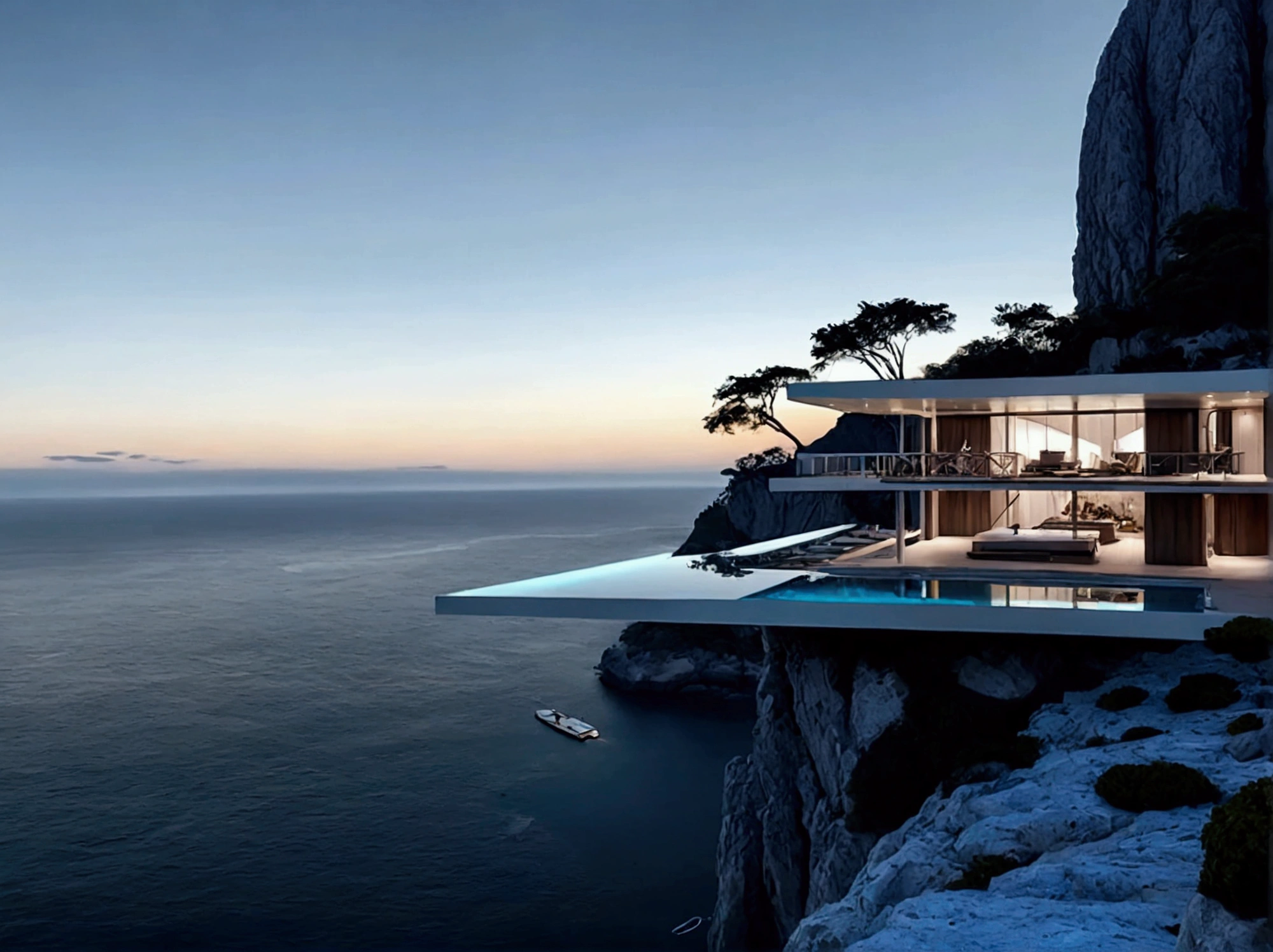 
The image showcases a breathtaking modern architectural marvel set against a serene ocean backdrop. The building features an infinity pool on an upper deck that seamlessly blends with the horizon, creating a mesmerizing visual effect. Below this level is a spacious, open-air living area with minimalist furniture, including lounge chairs, a coffee table, and a sofa, all designed to maximize comfort while maintaining a sleek aesthetic.

The structure is perched on the edge of a cliff, offering stunning panoramic views of the ocean and distant mountains. A large tree nearby adds a touch of natural beauty and contrast to the modern design. The use of glass walls allows for unobstructed views and an abundance of natural light, enhancing the feeling of being immersed in the surrounding landscape.

Overall, the image exudes a sense of tranquility, luxury, and harmony with nature, making it an ideal setting for relaxation and contemplation.