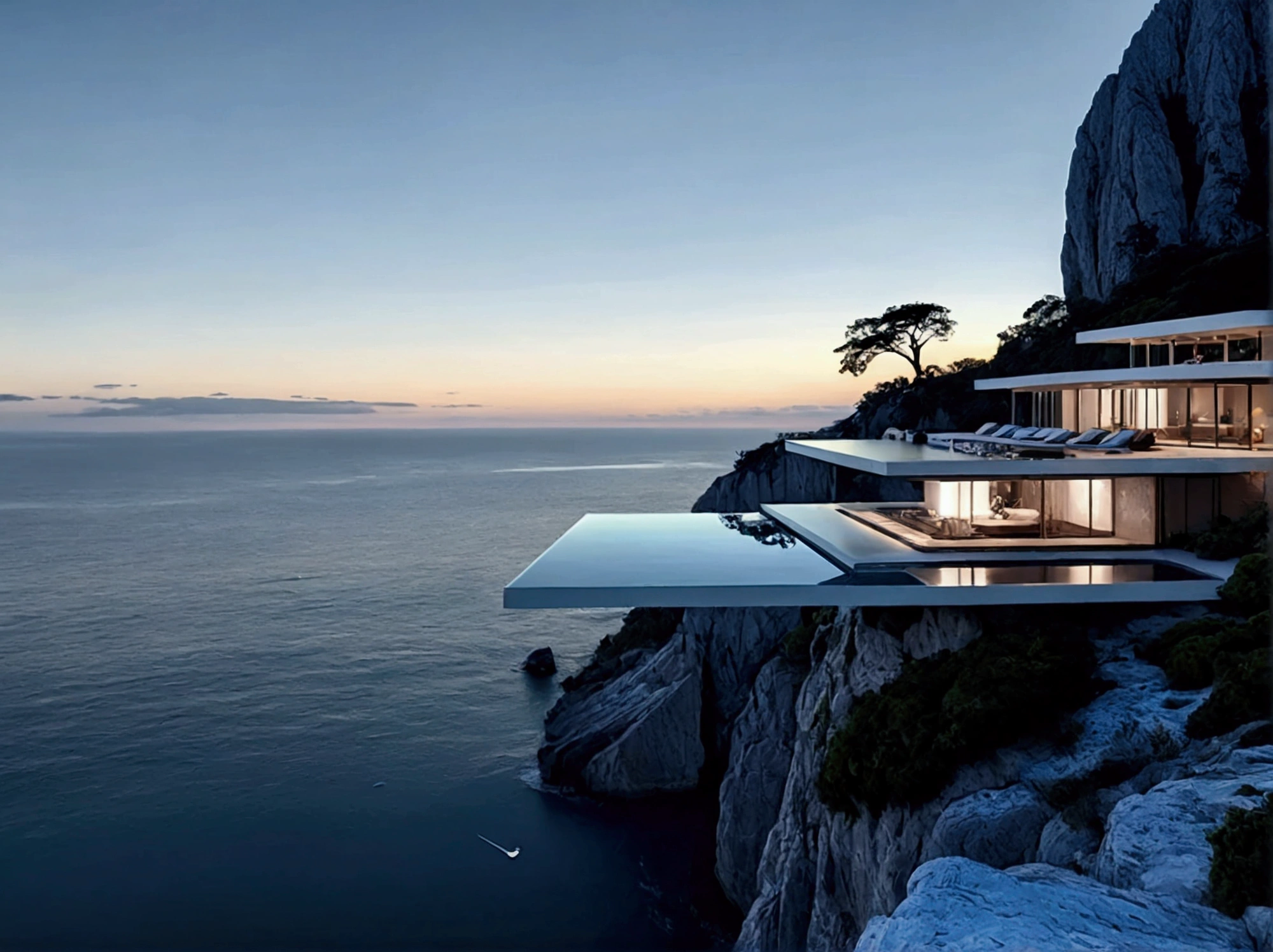 
The image showcases a breathtaking modern architectural marvel set against a serene ocean backdrop. The building features an infinity pool on an upper deck that seamlessly blends with the horizon, creating a mesmerizing visual effect. Below this level is a spacious, open-air living area with minimalist furniture, including lounge chairs, a coffee table, and a sofa, all designed to maximize comfort while maintaining a sleek aesthetic.

The structure is perched on the edge of a cliff, offering stunning panoramic views of the ocean and distant mountains. A large tree nearby adds a touch of natural beauty and contrast to the modern design. The use of glass walls allows for unobstructed views and an abundance of natural light, enhancing the feeling of being immersed in the surrounding landscape.

Overall, the image exudes a sense of tranquility, luxury, and harmony with nature, making it an ideal setting for relaxation and contemplation.