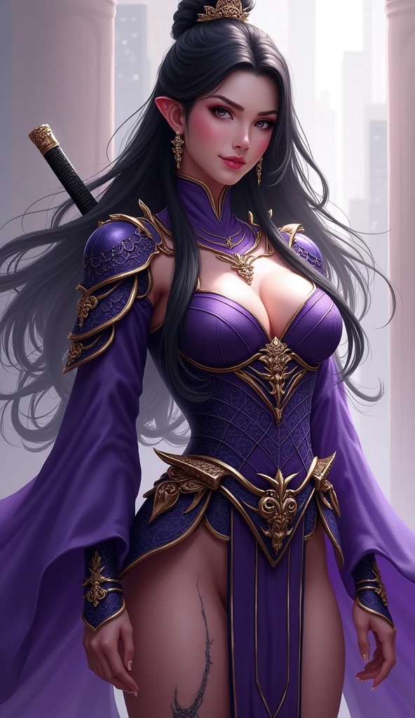 model shoot,1 girl, (innocent face:1.4), long hair, (fantasy Assassin:1.5), purple outfit, lace:1.5, (crown:1.5), (flower:1.5), hyper realistic, super detailed, Dynamic shot, masterpiece, scene sharp détails, perfect eyes, perfect skin, (assassin sword:1.5), (perfect body:1.5),