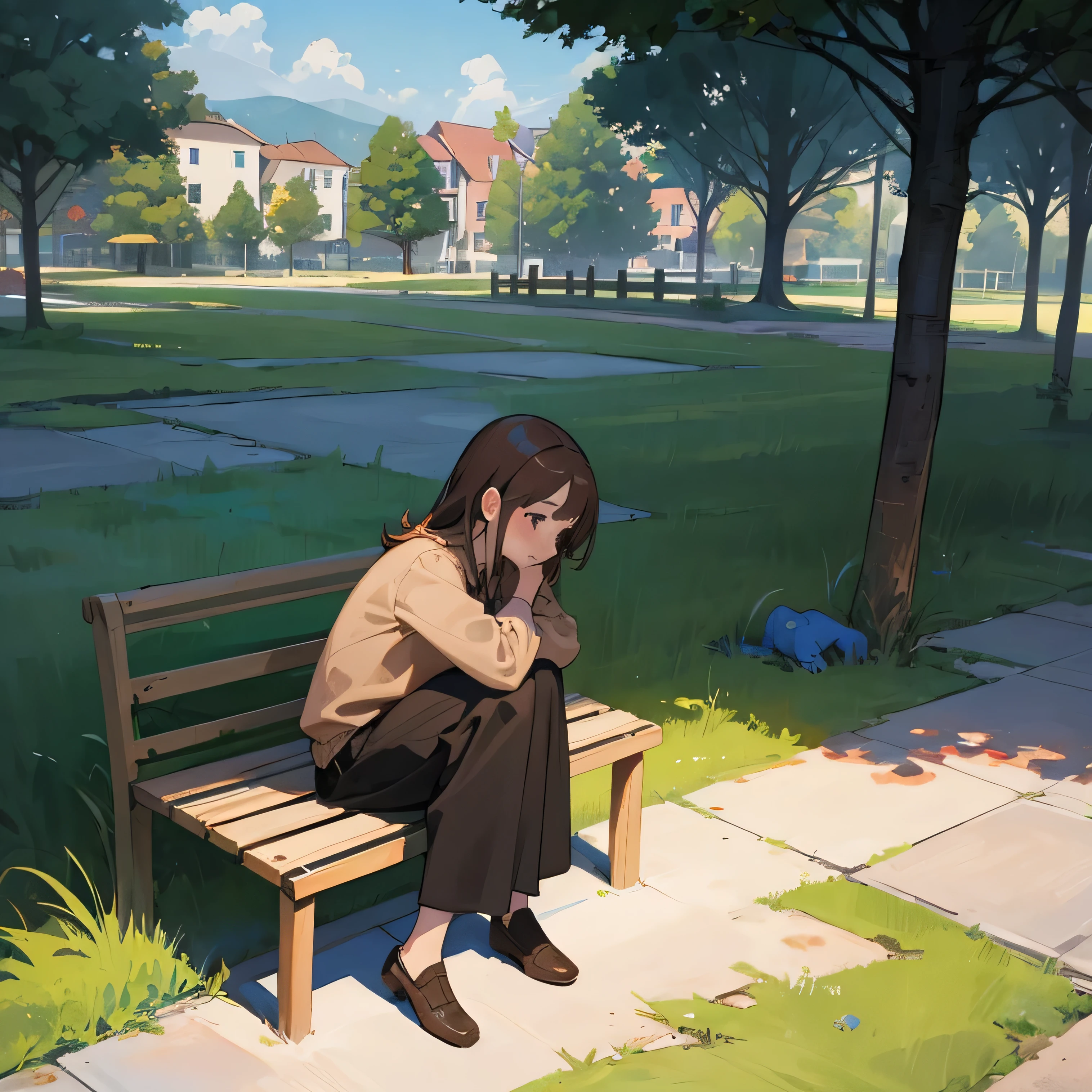 Anime girl sitting on a bench in a park with a tree - SeaArt AI