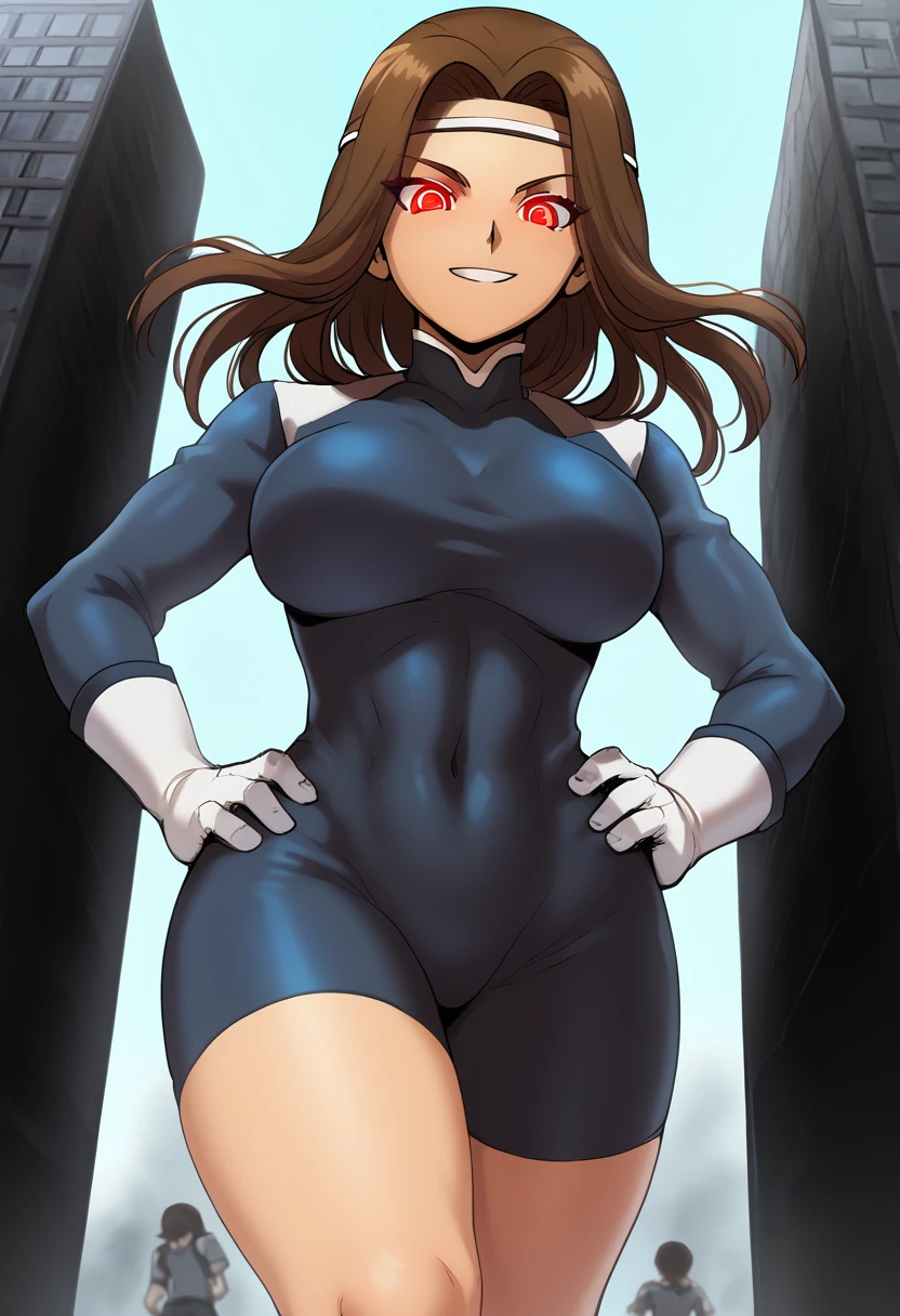 ultra-detailed, detailed face, detailed eyes, retro anime style, cartoon style, front view, from bottom, low angle, powerful shot, powerful effects, dynamic effects, dynamic shot, 

athletic curvy physique, inverted body type, attractive feminine curves, big breasts, curvy legs and arms, feminine curvy figure, (thick thighs, thick calves, thick voluptuous legs, big curvy hip, bare knees), ((style of plump voluptuous body)), plump thighs, plump calves, 

white gloves, gloves, blue bodysuit, dark emperors, white over-the-calf boots, brown long hair, red glowing eyes, 
1 beautiful giant girl, looking down with gallant smile, (elegantly walking on road between buildings, chasing small people around her steps, looking down people around her foot, put hands on hip, crossed legs, size difference), rampage, corrupted city, destroyed buildings, corrupted buildings, scattered rubble around her feet, cracks on the road she walked along, trampling tiny human with her foot, trampled human, dusts are rolled up every she steps, overwhelming, terrible, 

building size, nathan,1boy, kurosaki makoto, long hair, red eyes, brown hair, headband, 