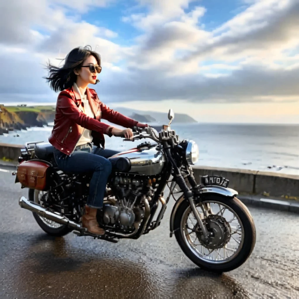 (Backlight:1.4)、(The motorcycle and rider are silhouetted in the setting sun.:1.4)、(The sun sets:1.2)、(Ride a classic motorcycle:1.2 )、(Vintage Bikes、Bluff Superior SS100)、Beautiful young Japanese woman、Beautiful Face, Black Hair, Short Bob Hair, Red classic leather jacket、sunglasses、(Accurate motorcycle shape)、(Photograph the entire motorcycle:1.2)、 BREAK Coastal road with ocean view、After the Rain、British coastal scenery、Blur the background、Artistic photography、Motion Blur、Realistic、High Contrast、(Highest quality, masterpiece, High resolution)、8k、wallpaper、