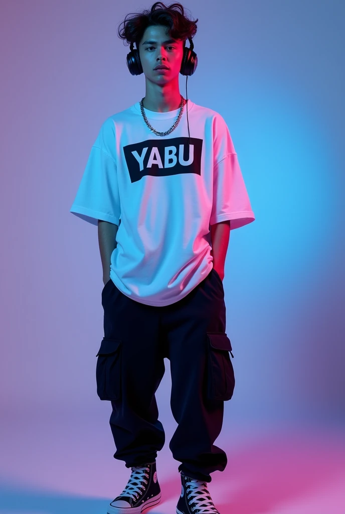 Here's a refined prompt for generating an image with the hairstyle shown in the picture:
---
**Prompt:**
"A 17-year-old handsome white boy rapper is standing confidently against a simple, solid background. He is wearing a long white hip-hop T-shirt with 'YABU' written on it, black cargo pants, and OG sneakers. He has a stylish chain around his neck and is wearing headphones. His hair is short, neatly styled with a slight slope, similar to a modern, clean-cut look. The scene captures his cool, composed energy, highlighting the stylish yet relaxed vibe of his appearance."
---
This prompt should help generate an image where the rapper has a similar hairstyle to what is shown in the picture.