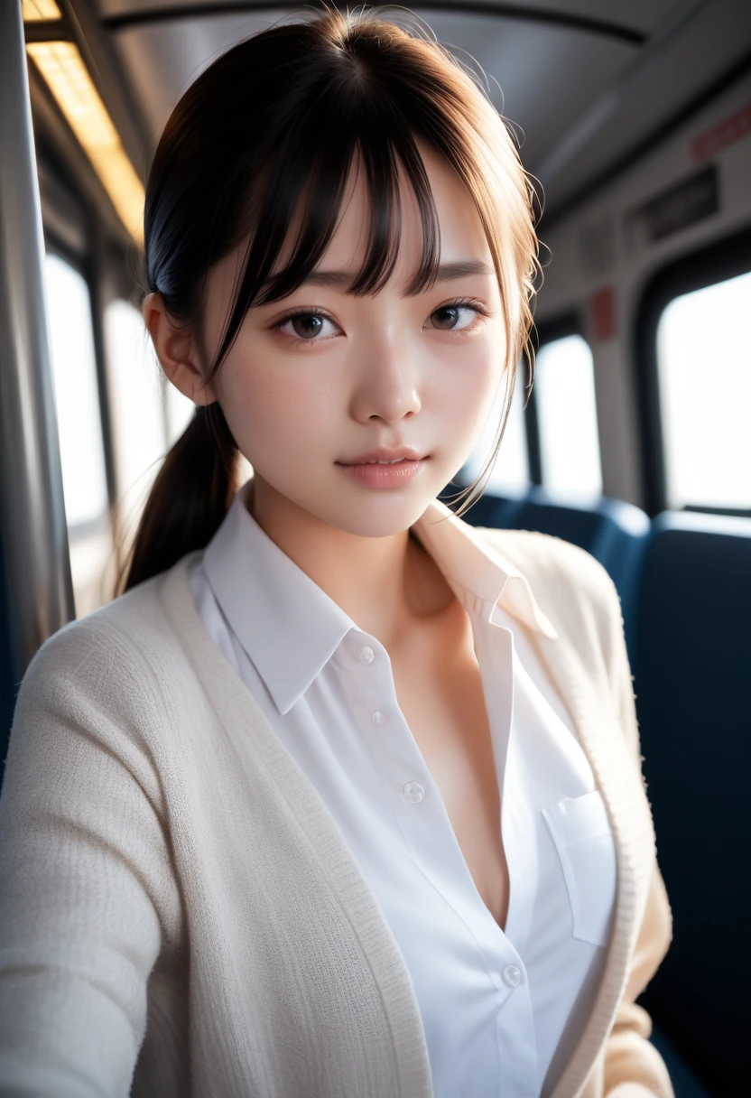 8k, RAW photos, ((Very cute slender ala-fed Asian schoolgirl in short skirt and bow tie, hugged by businessman in the back, on a crowded train)), (((Big: 1.1, drooping breasts: 1.3))), (White open button long shirt)), (Low angle shot), (High definition skin: 1.2), (Exposure: 1.5), (Exposed breasts: 1.5), (Exposed Crotch: 1.5), (Japan School Uniform), (Japan School Uniform), (Wearing Japan Uniform), (Surreal Schoolgirl), (Surreal Schoolgirl), (Schoolgirl Dressed, Surreal Schoolgirl), Wearing Uniform, Realistic Schoolgirl, Girl in Uniform, Schoolgirl Pose, Full Body, Lovely Skin, Glowing Skin, Lovely Thighs, Glowing Thighs, Glowing Legs, (Beautiful Brown Eyes, Brown Hair, White SkinBeautiful girl, pubic hair, with huge soft breasts and beautiful abs, ((on a crowded train)).