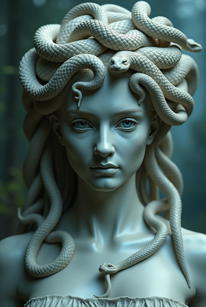 Create an image for a magazine cover titled Once Upon a Time in Greece that looks mystical and several characters from Greco-Latin literature of Medusa without a title and Medusa in a white stone statue that looks ancient
