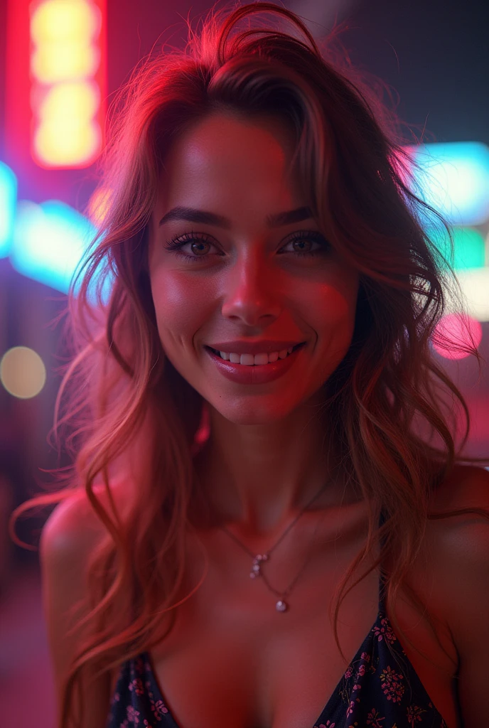 Blond model Sexy seductive face saliva much liquid white on tongue dropping laughing neon eyes bitch
