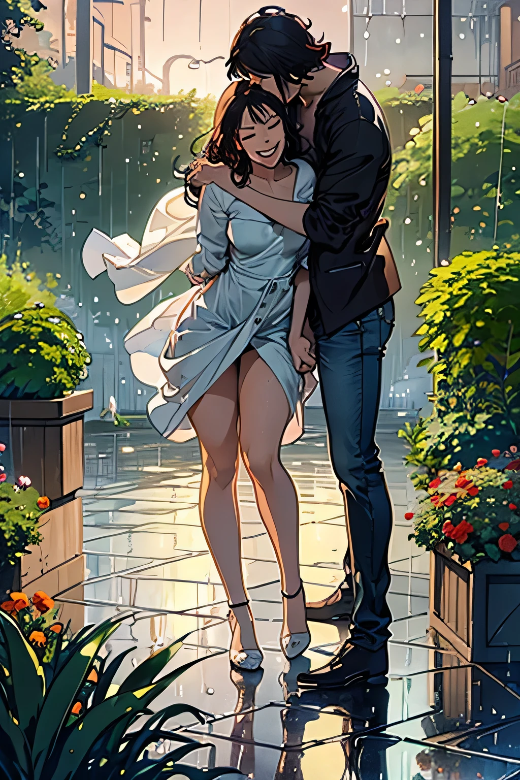 Cinematic scene, full body distant view, couple kissing passionately in the rain, garden during rain, woman smiling with eyes closed, wet kisses, wet bodies, wetty hair, focus on the happiness of a woman kissing her love