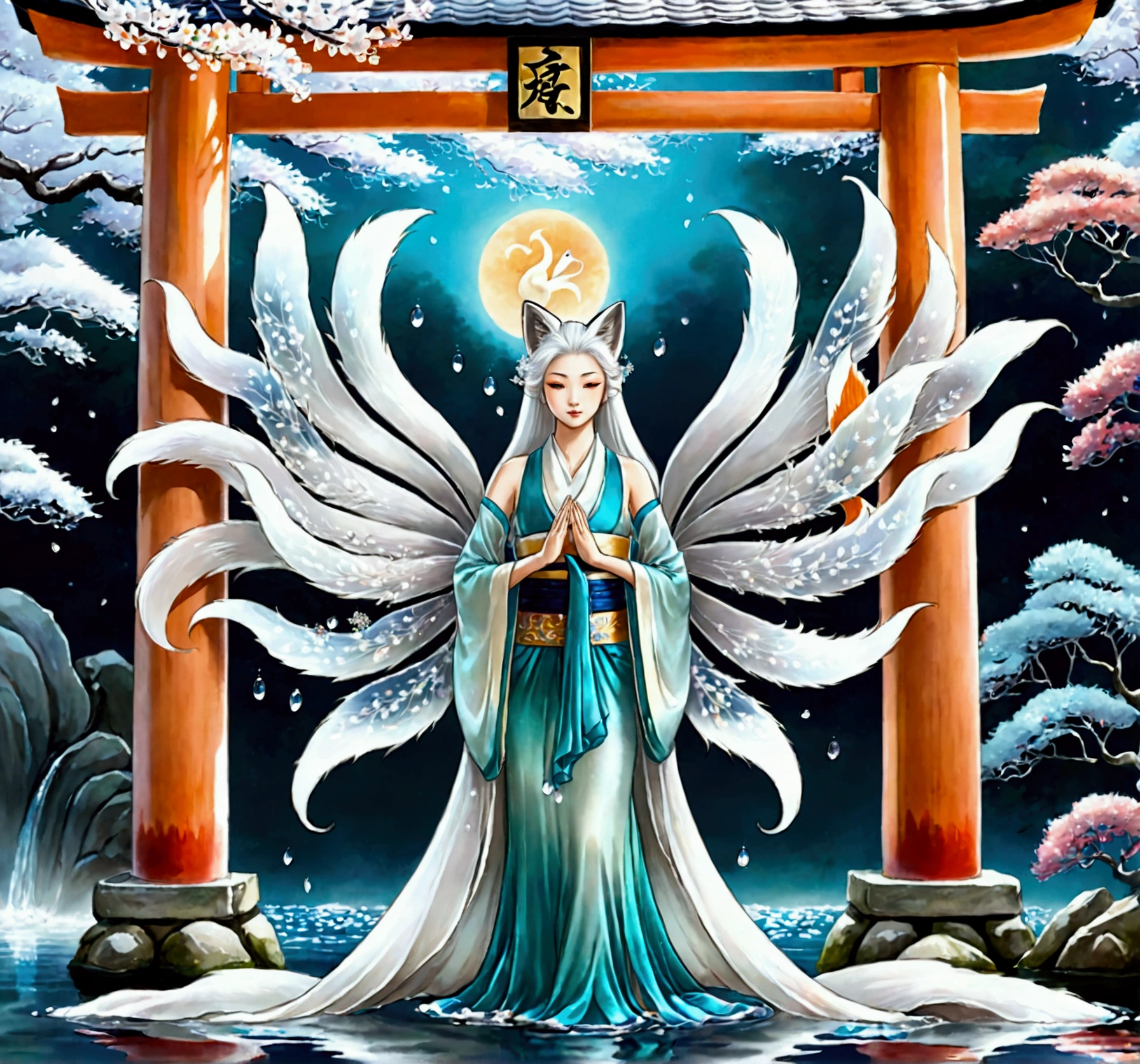 A nine-tailed fox fairy, standing in full form behind the Japanese torii gate, surrounded by small foxes, and water, she has an elegant, gentle, and regal appearance, with transparent, shimmering silver-white hair that seems to be made of silk and sparkles. Her skin is pale and gives off a soft glow, almost as if she is glowing from within. She wears a long dress made of silk, a regal, flowing fabric that blends seamlessly with the surrounding water, floating and swirling around her. Her eyes are a deep turquoise color, filled with curiosity and calmness.