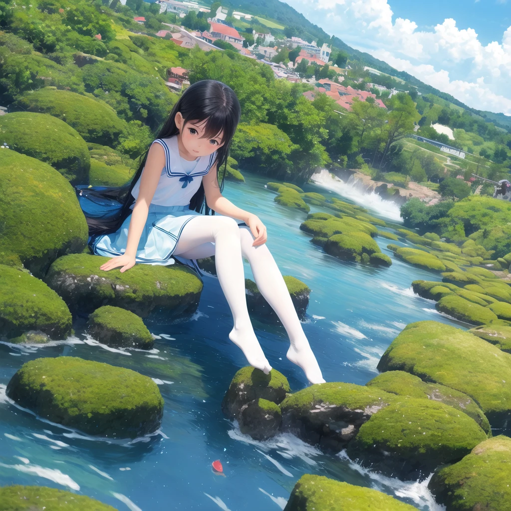 wallpaper, Clear Face, (masterpiece), town, blue sky, 一people々Girl, people々々Guide in the right direction, smile, 一people々in, Sailor suit、Long skirt, Overgrown, petal, plant、Skirt lining、Translucent slip、nostalgic、pantyhose、Night Grassland, Crotch close-up, I can see your underwear